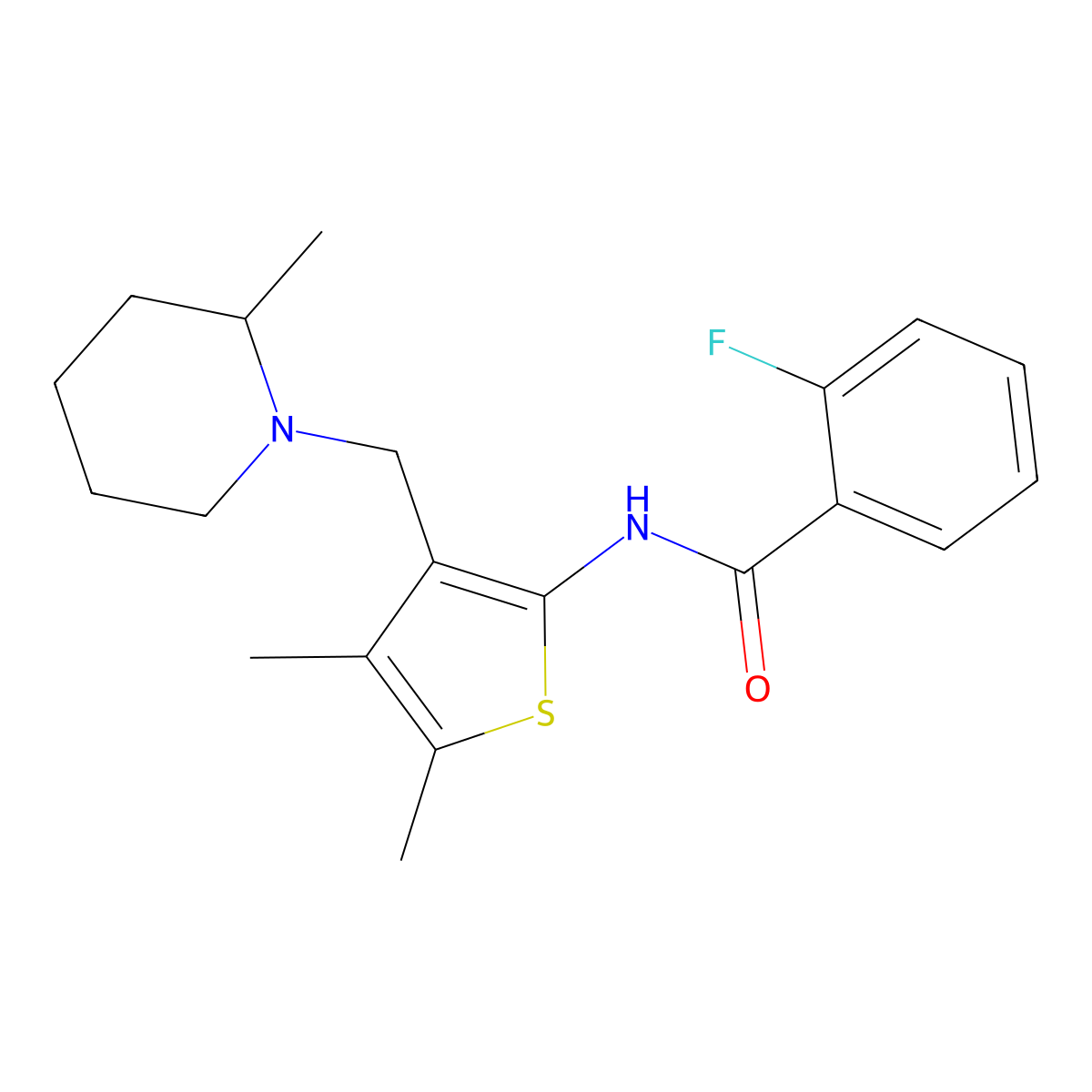 N-{4,5-dimethyl-3-[(2-methyl-1-piperidinyl)methyl]-2-thienyl}-2-fluorobenzamide molecular structure, CAS 690962-19-7