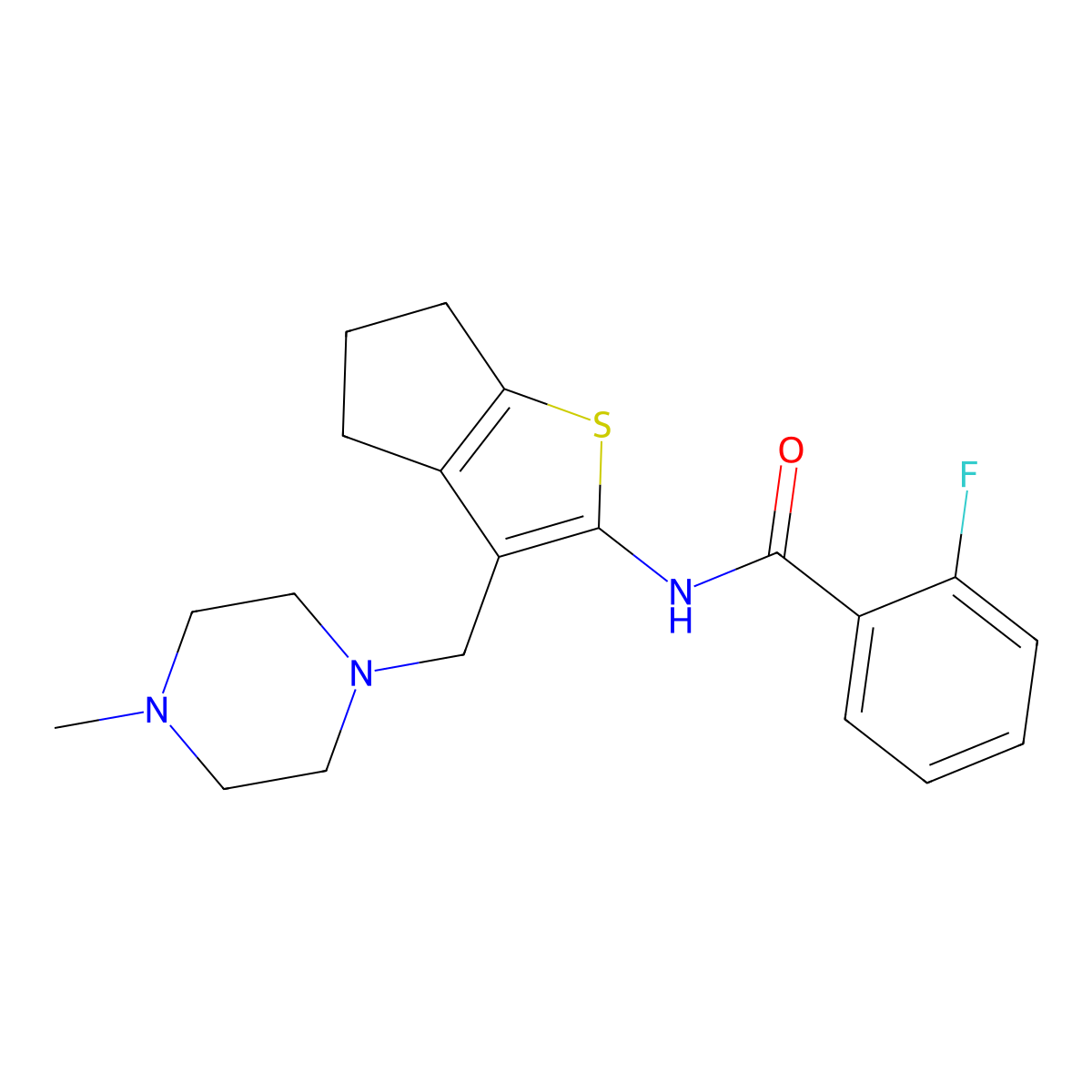 2-fluoro-N-(3-((4-methylpiperazin-1-yl)methyl)-5,6-dihydro-4H-cyclopenta[b]thiophen-2-yl)benzamide molecular structure, CAS 690962-21-1