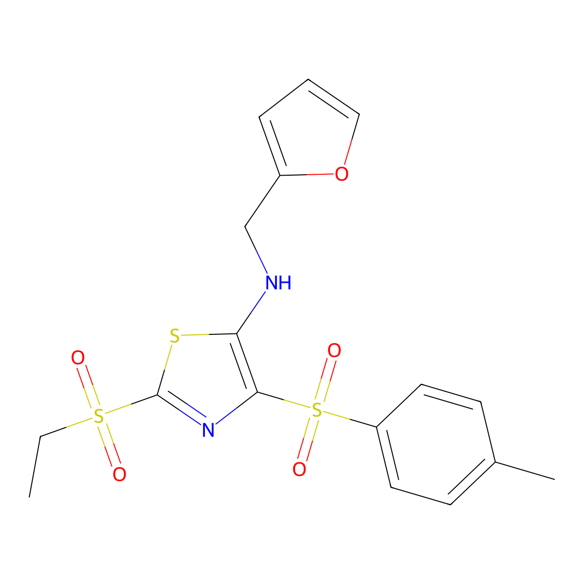 2-(ethylsulfonyl)-N-(furan-2-ylmethyl)-4-[(4-methylphenyl)sulfonyl]-1,3-thiazol-5-amine molecular structure, CAS 690979-39-6