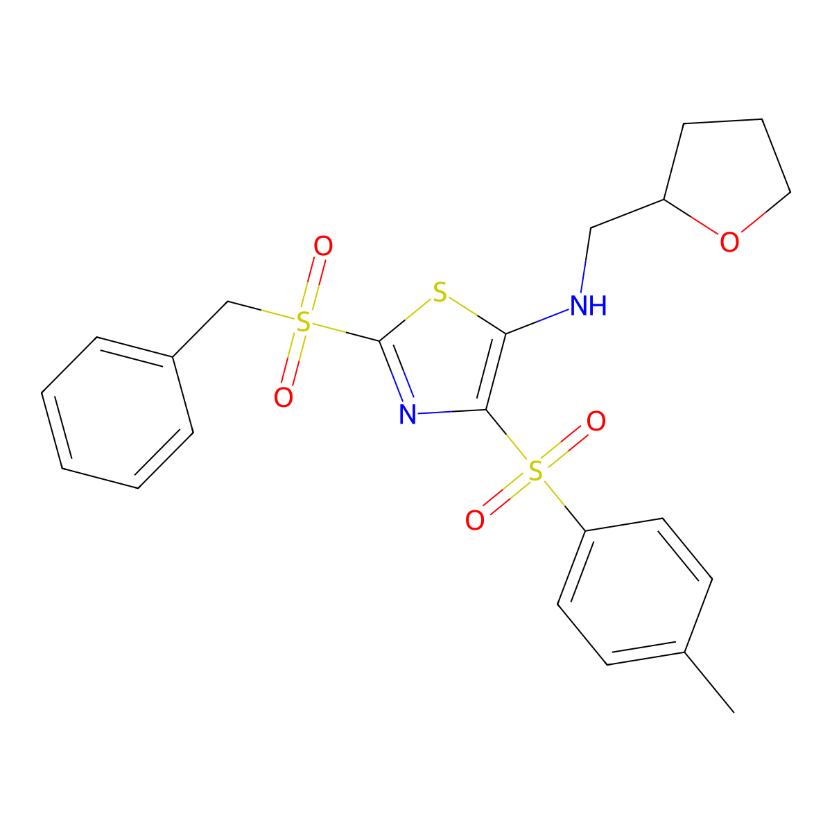 2-(benzylsulfonyl)-N-((tetrahydrofuran-2-yl)methyl)-4-tosylthiazol-5-amine molecular structure, CAS 690986-46-0