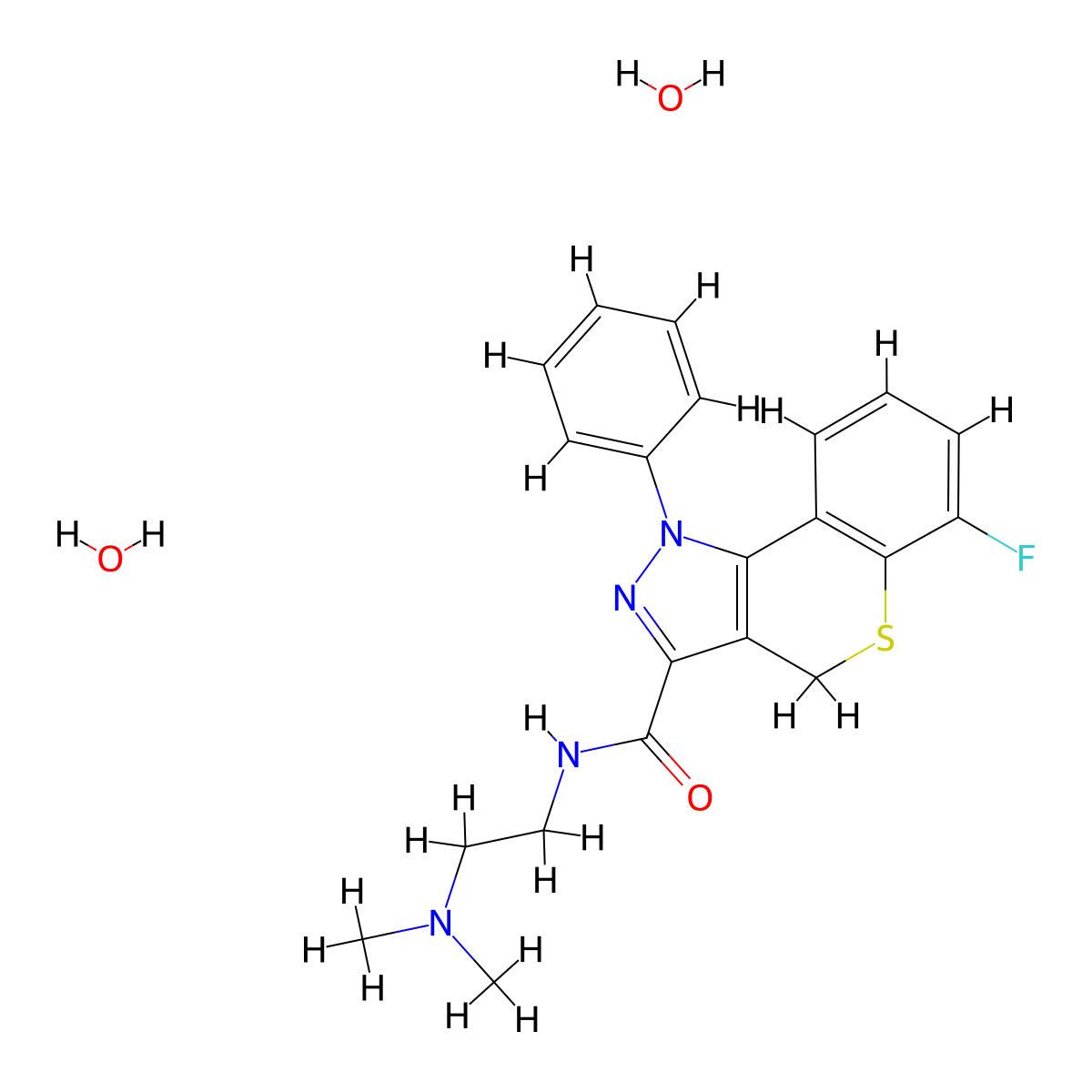 4H-(1)Benzothiopyrano(4,3-c)pyrazole-3-carboxamide, N-(2-(dimethylamino)ethyl)-6-fluoro-1-phenyl-, dihydrate molecular structure, CAS 69099-37-2