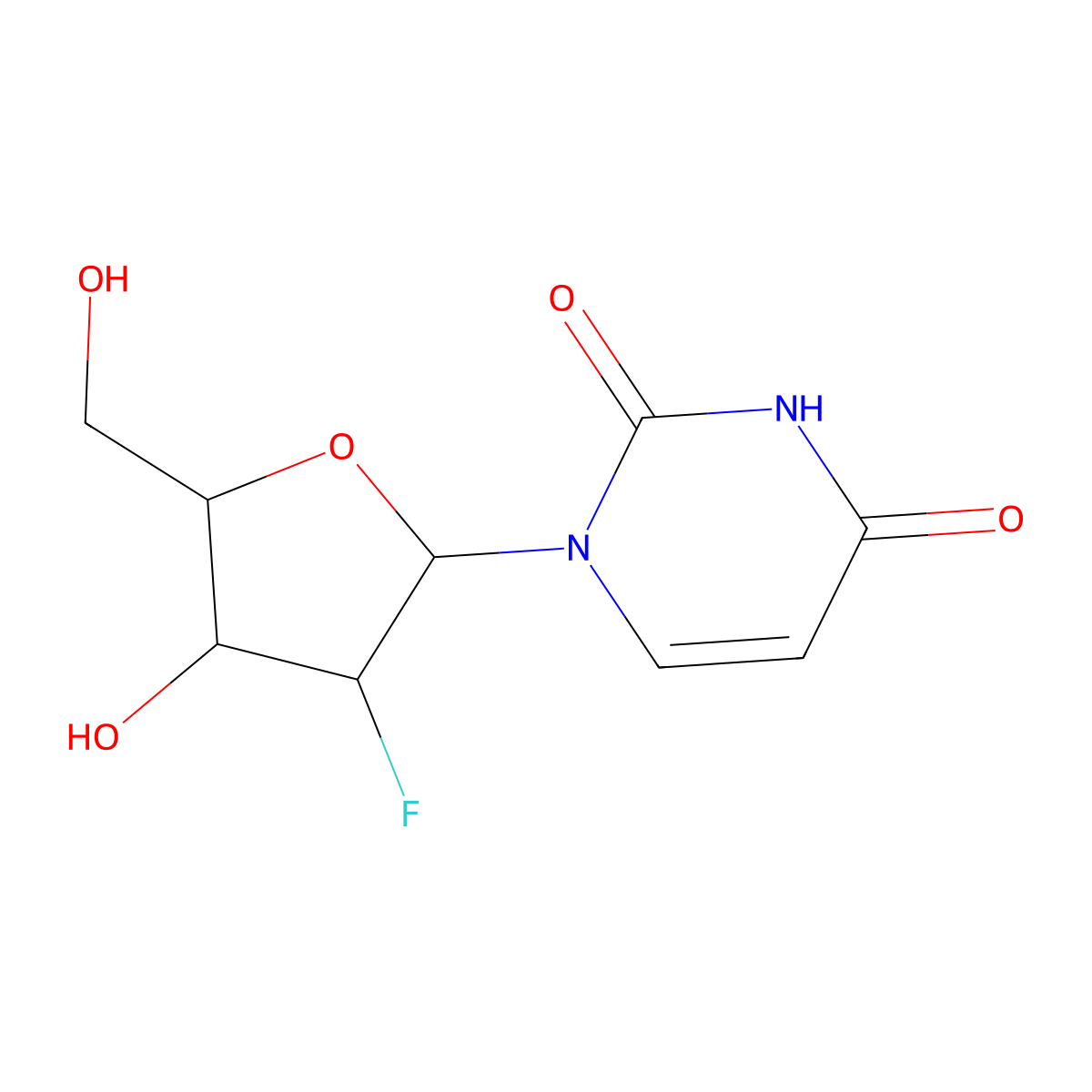 1-(2-Deoxy-2-fluoro-beta-D-arabinofuranosyl)-2,4(1H,3H)-pyrimidinedione molecular structure, CAS 69123-94-0