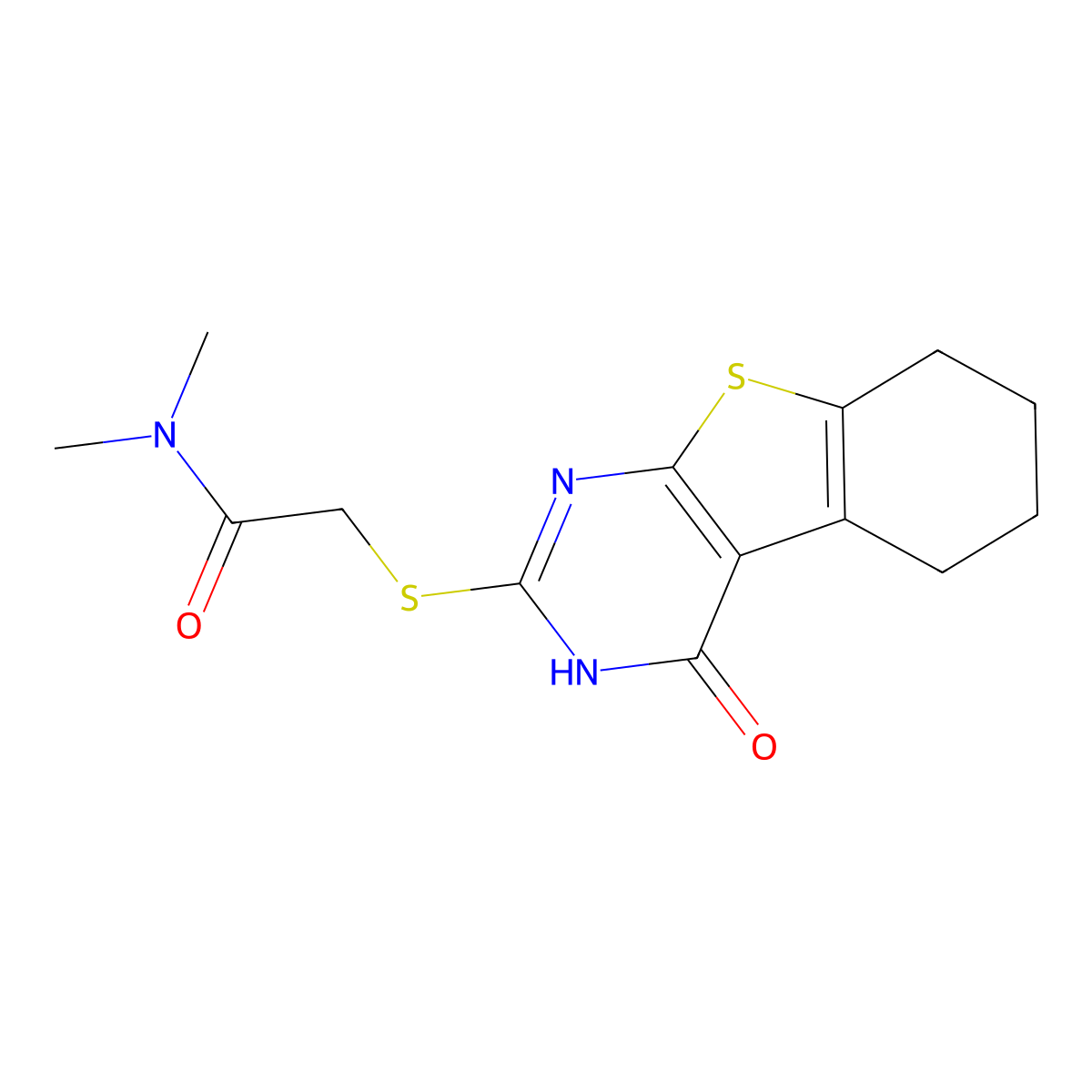 N,N-dimethyl-2-[(4-oxo-5,6,7,8-tetrahydro-3H-[1]benzothiolo[2,3-d]pyrimidin-2-yl)sulfanyl]acetamide molecular structure, CAS 691369-69-4