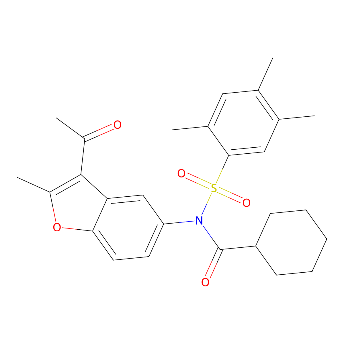 N-(3-acetyl-2-methyl-1-benzofuran-5-yl)-N-(cyclohexylcarbonyl)-2,4,5-trimethylbenzenesulfonamide molecular structure, CAS 691370-10-2
