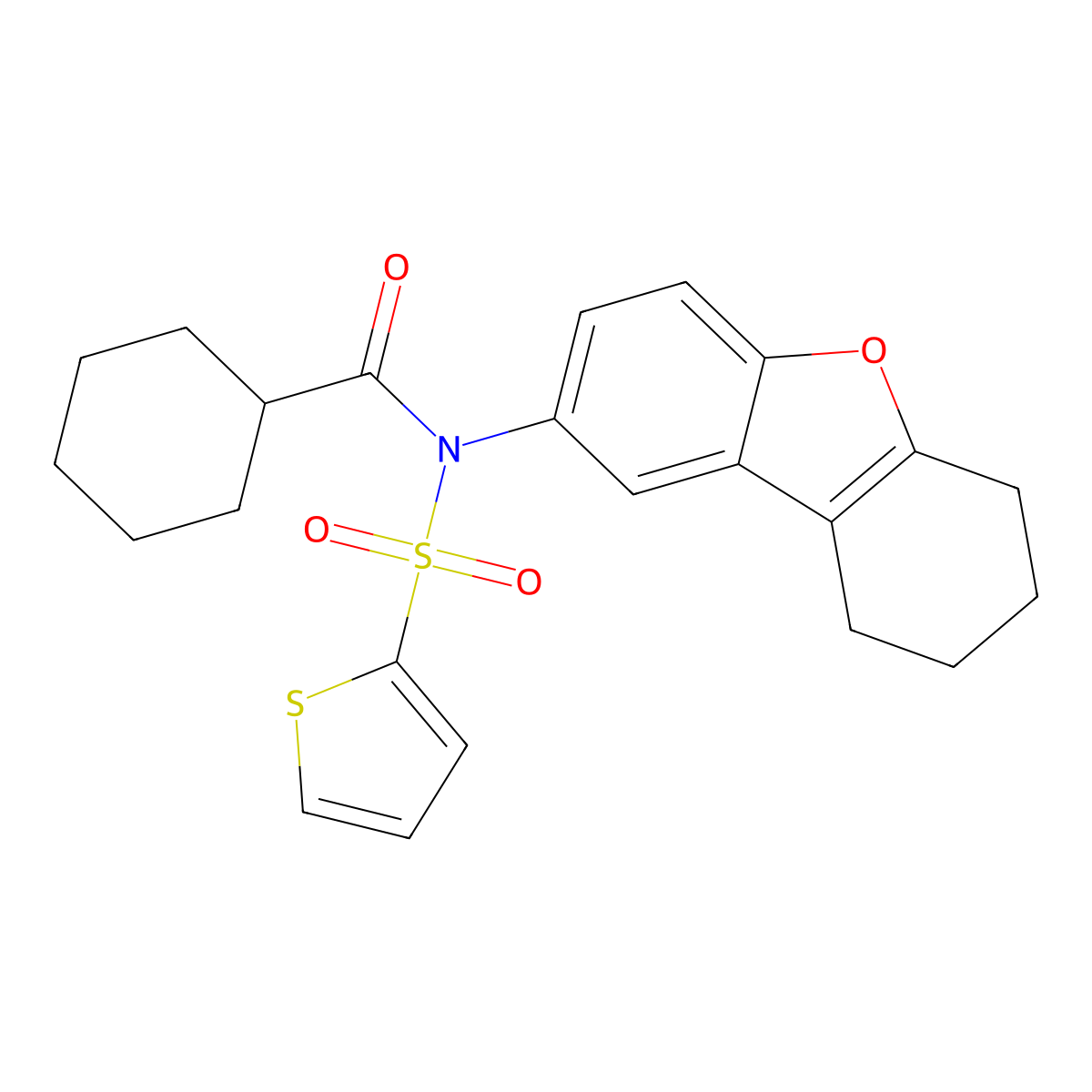 N-{8-oxatricyclo[7.4.0.0^{2,7}]trideca-1(9),2,4,6-tetraen-4-yl}-N-(thiophene-2-sulfonyl)cyclohexanecarboxamide molecular structure, CAS 691370-11-3