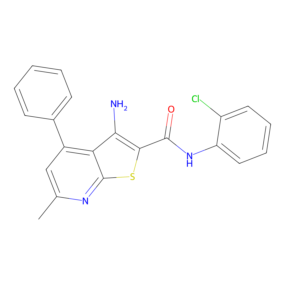 3-amino-N-(2-chlorophenyl)-6-methyl-4-phenylthieno[2,3-b]pyridine-2-carboxamide molecular structure, CAS 691371-07-0