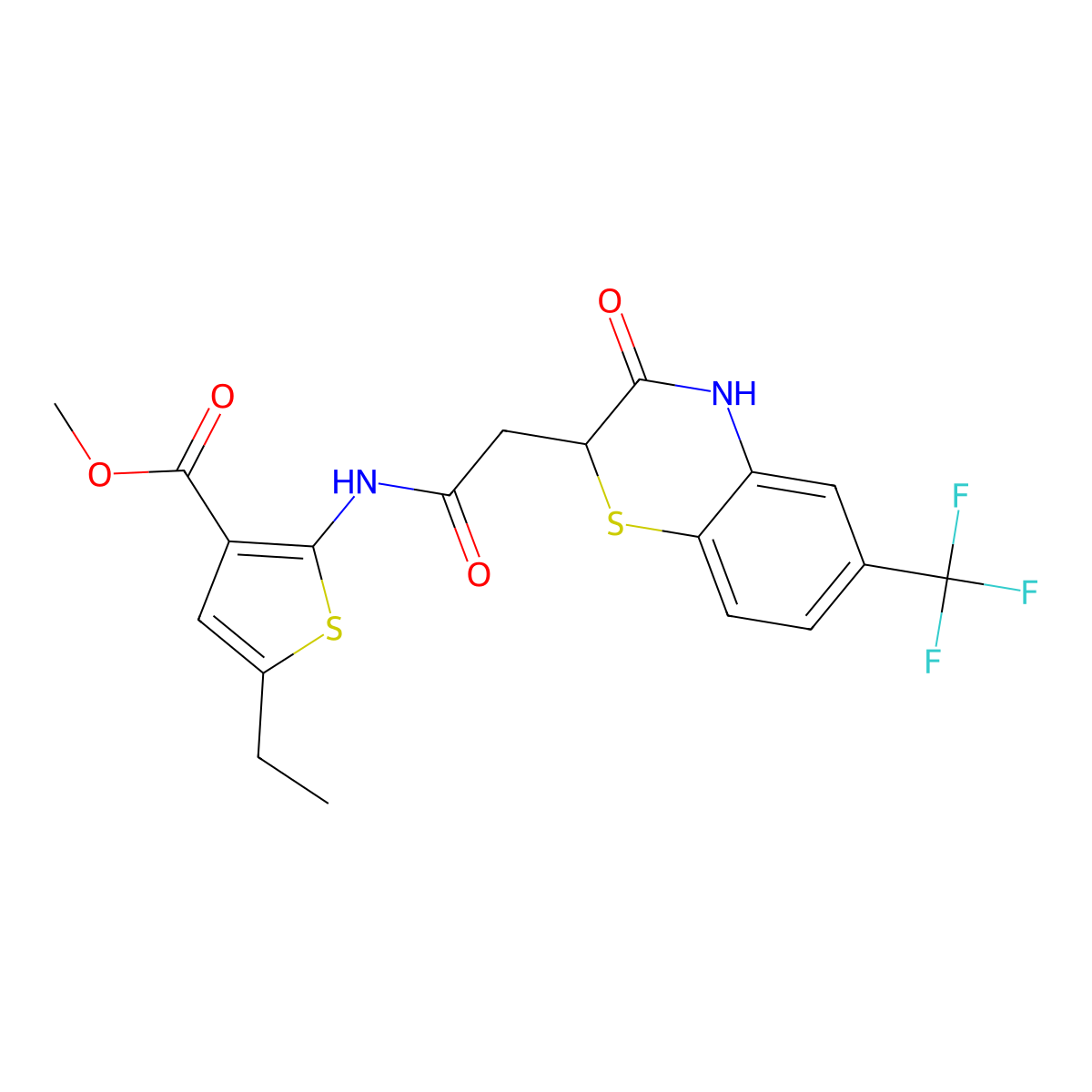 methyl 5-ethyl-2-({[3-oxo-6-(trifluoromethyl)-3,4-dihydro-2H-1,4-benzothiazin-2-yl]acetyl}amino)-3-thiophenecarboxylate molecular structure, CAS 691376-84-8