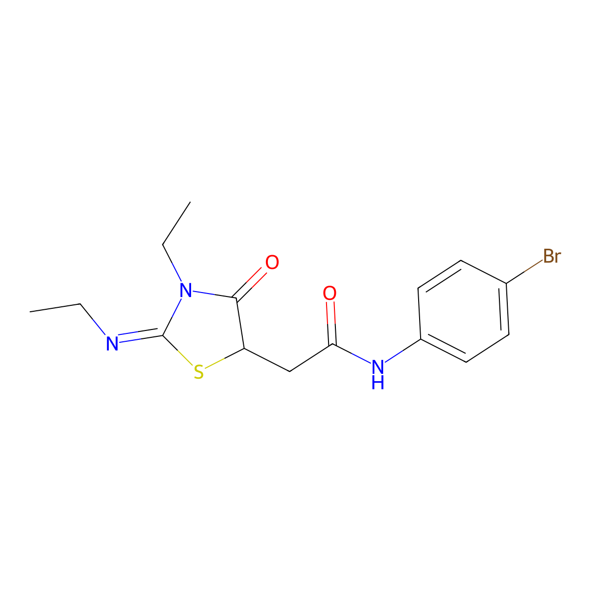 N-(4-bromophenyl)-2-[(2E)-3-ethyl-2-(ethylimino)-4-oxo-1,3-thiazolidin-5-yl]acetamide molecular structure, CAS 691376-85-9