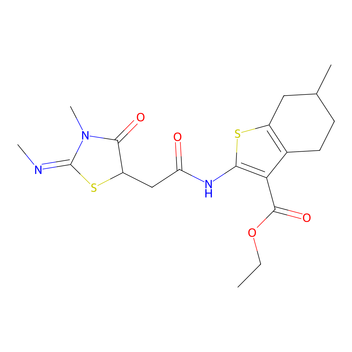 (E)-ethyl 6-methyl-2-(2-(3-methyl-2-(methylimino)-4-oxothiazolidin-5-yl)acetamido)-4,5,6,7-tetrahydrobenzo[b]thiophene-3-carboxylate molecular structure, CAS 691377-78-3