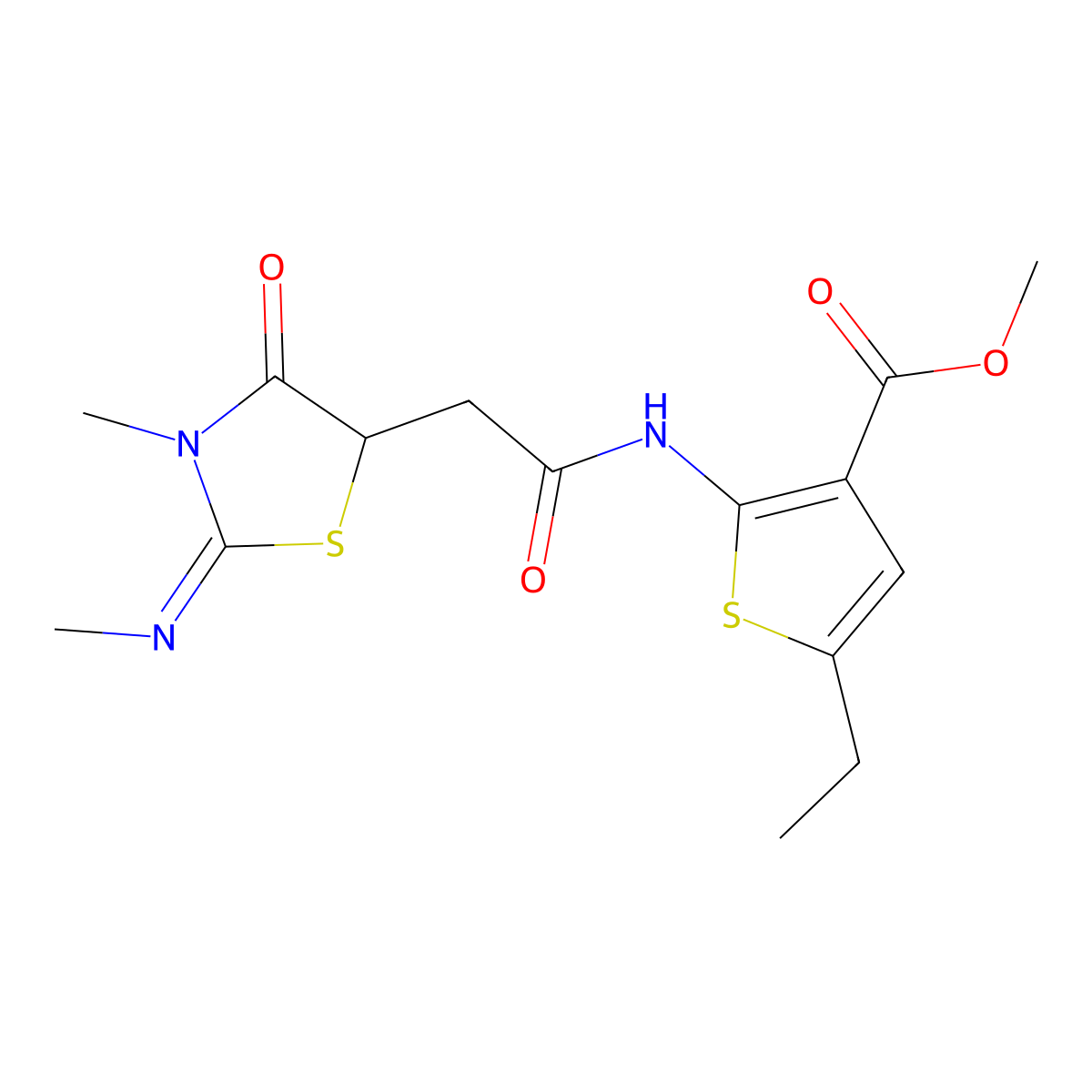 (Z)-methyl 5-ethyl-2-(2-(3-methyl-2-(methylimino)-4-oxothiazolidin-5-yl)acetamido)thiophene-3-carboxylate molecular structure, CAS 691377-79-4