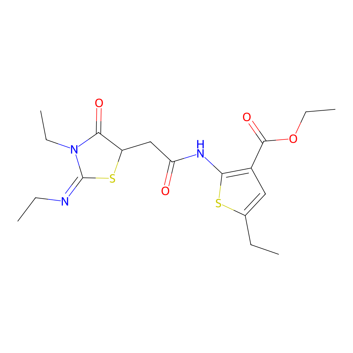 (E)-ethyl 5-ethyl-2-(2-(3-ethyl-2-(ethylimino)-4-oxothiazolidin-5-yl)acetamido)thiophene-3-carboxylate molecular structure, CAS 691377-80-7