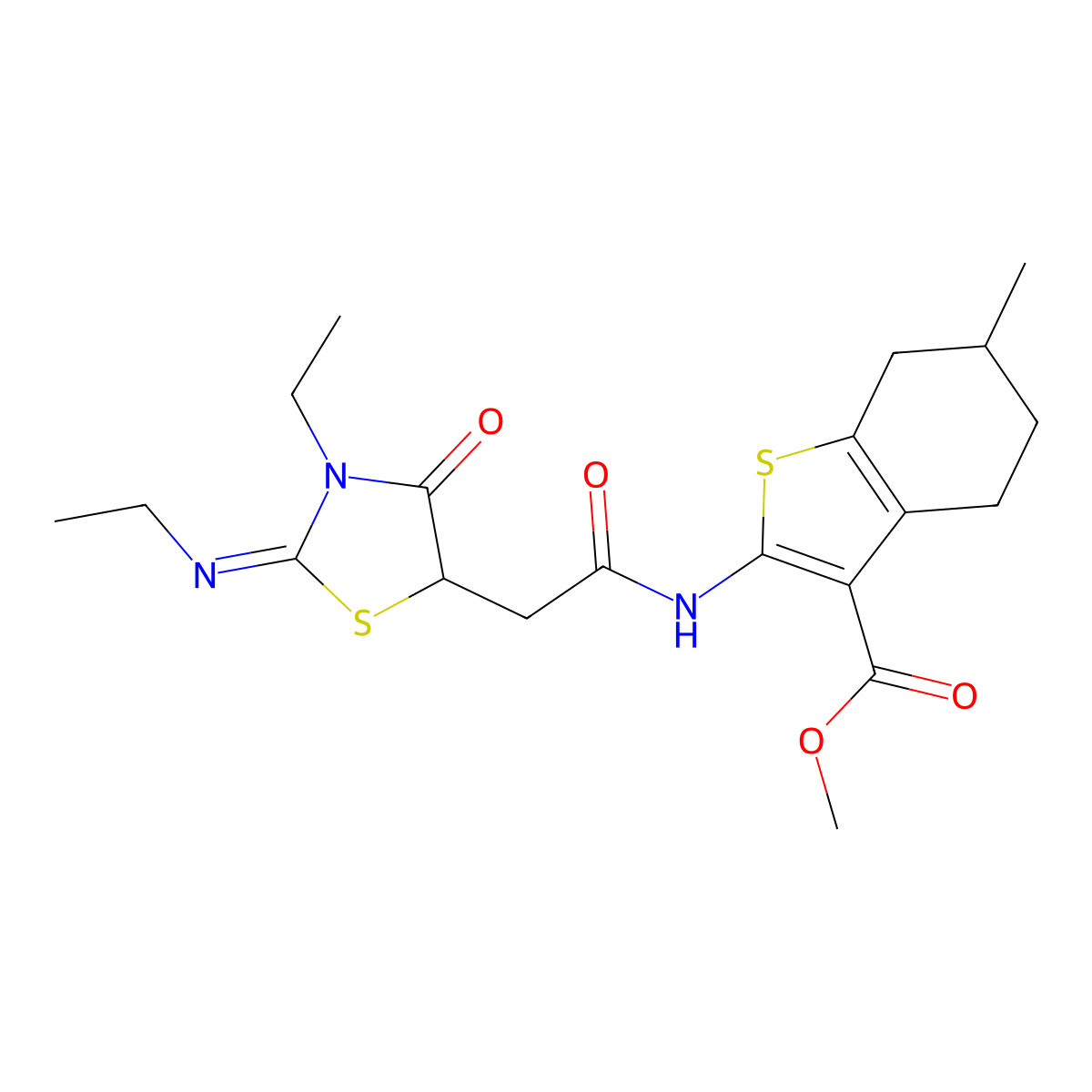 (E)-methyl 2-(2-(3-ethyl-2-(ethylimino)-4-oxothiazolidin-5-yl)acetamido)-6-methyl-4,5,6,7-tetrahydrobenzo[b]thiophene-3-carboxylate molecular structure, CAS 691377-81-8
