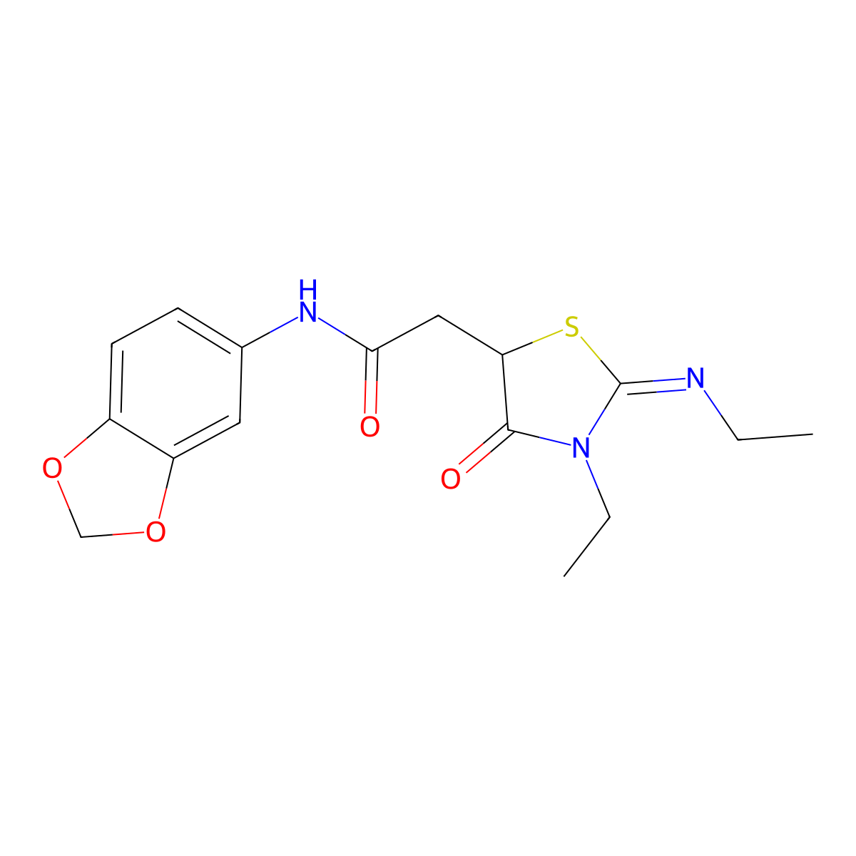 (E)-N-(benzo[d][1,3]dioxol-5-yl)-2-(3-ethyl-2-(ethylimino)-4-oxothiazolidin-5-yl)acetamide molecular structure, CAS 691380-53-7