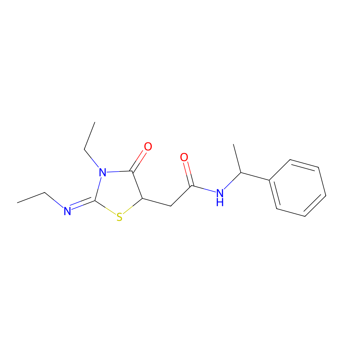2-[(2E)-3-ethyl-2-(ethylimino)-4-oxo-1,3-thiazolidin-5-yl]-N-(1-phenylethyl)acetamide molecular structure, CAS 691391-24-9