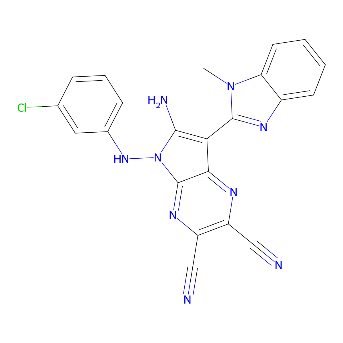 6-amino-5-[(3-chlorophenyl)amino]-7-(1-methyl-1H-1,3-benzodiazol-2-yl)-5H-pyrrolo[2,3-b]pyrazine-2,3-dicarbonitrile molecular structure, CAS 691396-46-0