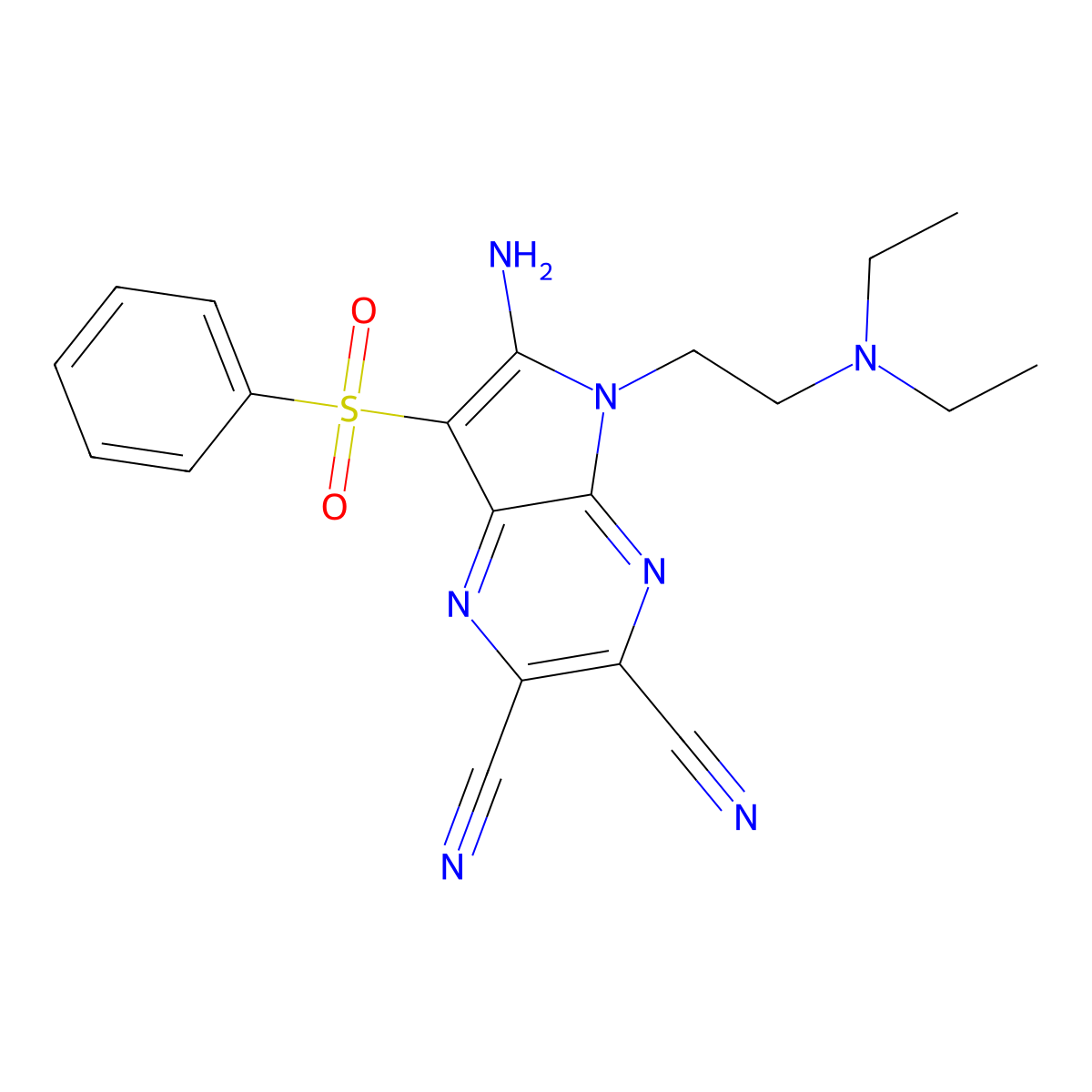 6-amino-7-(benzenesulfonyl)-5-[2-(diethylamino)ethyl]-5H-pyrrolo[2,3-b]pyrazine-2,3-dicarbonitrile molecular structure, CAS 691396-49-3
