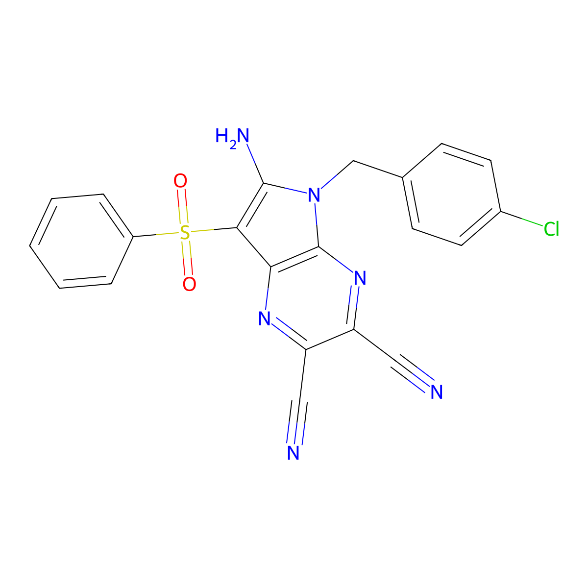 6-Amino-7-(benzenesulfonyl)-5-[(4-chlorophenyl)methyl]pyrrolo[2,3-b]pyrazine-2,3-dicarbonitrile molecular structure, CAS 691396-52-8