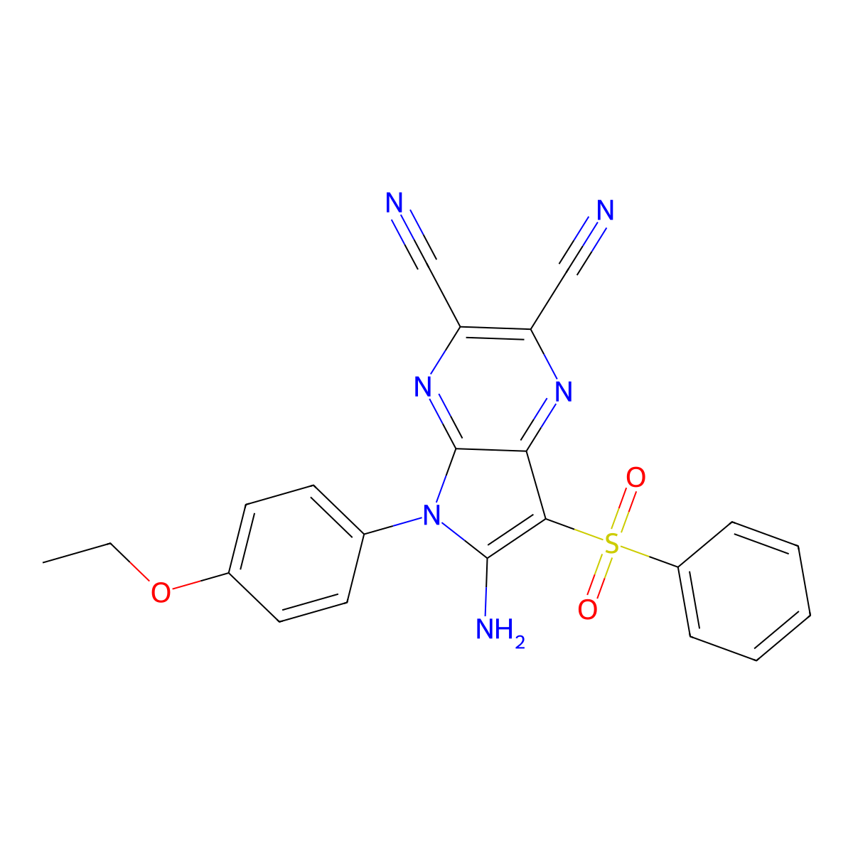 6-amino-7-(benzenesulfonyl)-5-(4-ethoxyphenyl)-5H-pyrrolo[2,3-b]pyrazine-2,3-dicarbonitrile molecular structure, CAS 691396-57-3