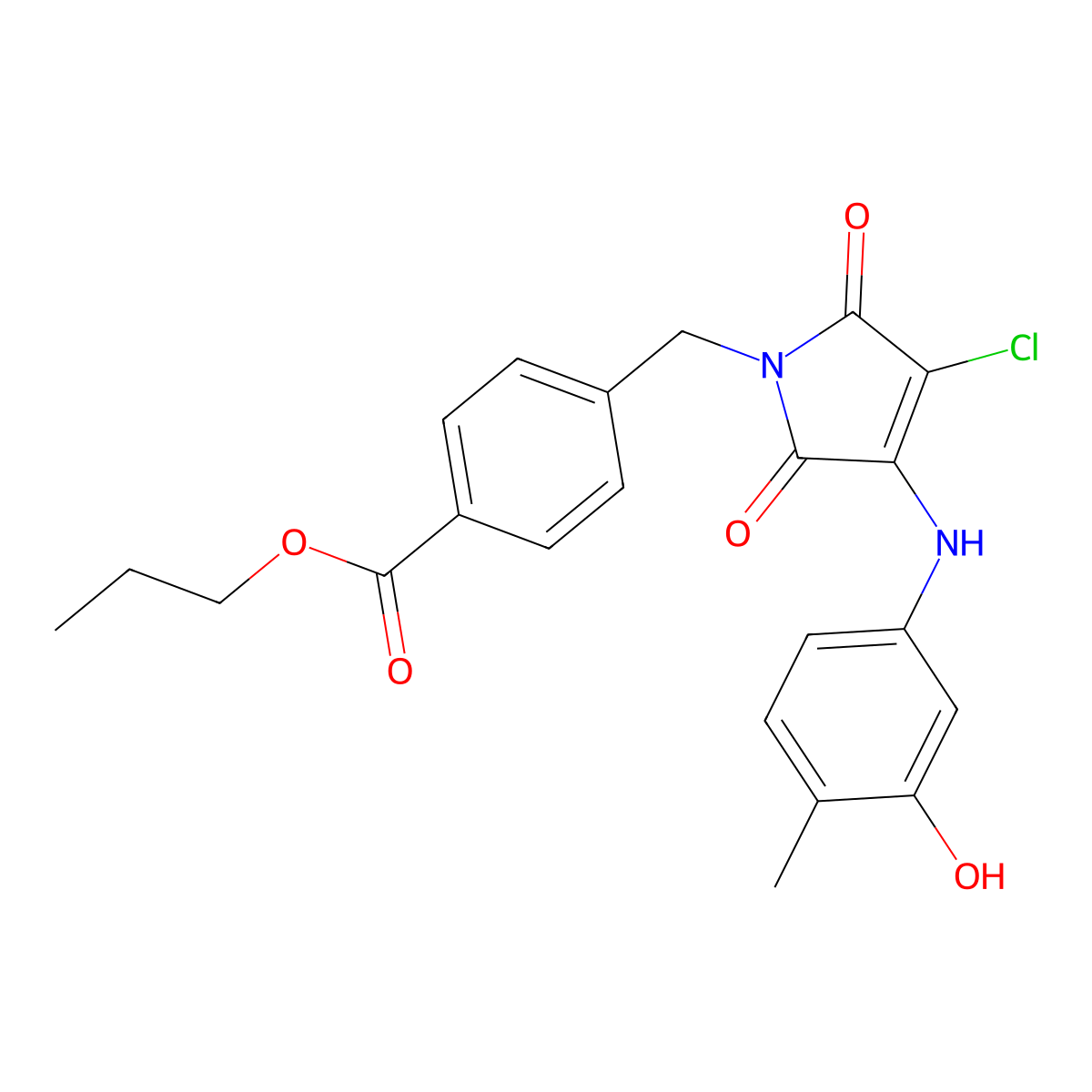 Propyl 4-[[3-chloro-4-(3-hydroxy-4-methylanilino)-2,5-dioxopyrrol-1-yl]methyl]benzoate molecular structure, CAS 691396-92-6