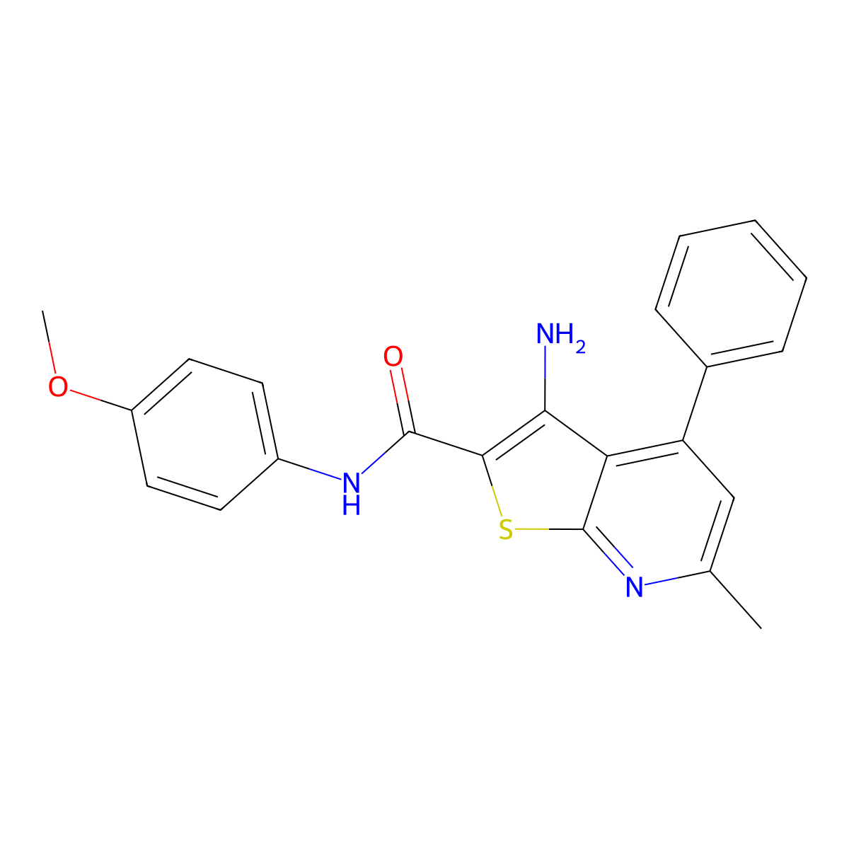 3-amino-N-(4-methoxyphenyl)-6-methyl-4-phenylthieno[2,3-b]pyridine-2-carboxamide molecular structure, CAS 691398-50-2