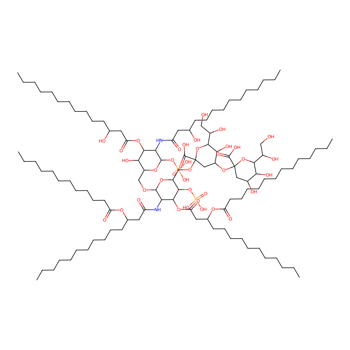 2-[2-Carboxy-6-(1,2-dihydroxyethyl)-2-[[5-(3-dodecanoyloxytetradecanoylamino)-6-[[3-hydroxy-5-(3-hydroxytetradecanoylamino)-4-(3-hydroxytetradecanoyloxy)-6-phosphonooxyoxan-2-yl]methoxy]-3-phosphonooxy-4-(3-tetradecanoyloxytetradecanoyloxy)oxan-2-yl]methoxy]-5-hydroxyoxan-4-yl]oxy-6-(1,2-dihydroxyethyl)-4,5-dihydroxyoxane-2-carboxylic acid molecular structure, CAS 6917-66-4