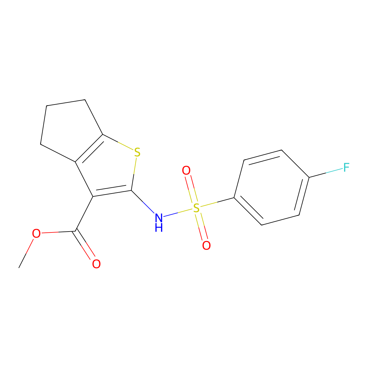 methyl 2-[(4-fluorophenyl)sulfonylamino]-5,6-dihydro-4H-cyclopenta[b]thiophene-3-carboxylate molecular structure, CAS 6918-21-4