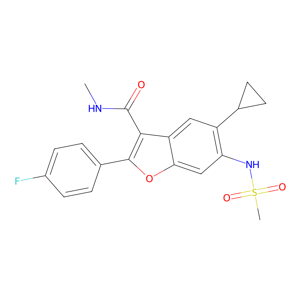5-cyclopropyl-2-(4-fluorophenyl)-N-methyl-6-(methylsulfonamido)benzofuran-3-carboxamide molecular structure, CAS 691856-35-6