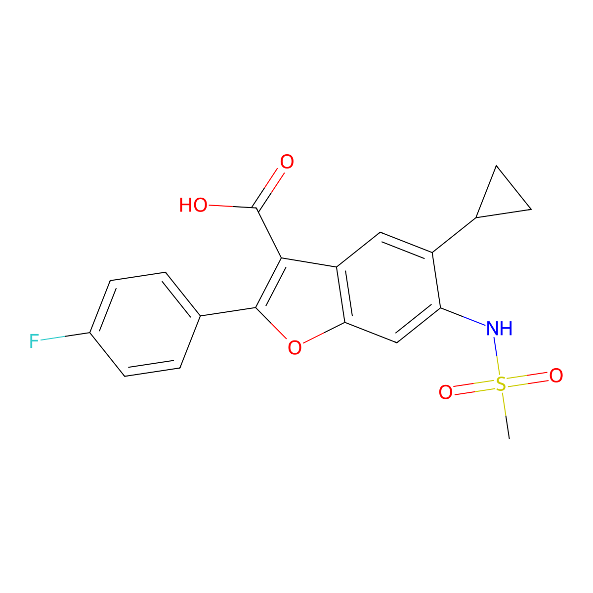 5-Cyclopropyl-2-(4-fluorophenyl)-6-((methylsulfonyl)amino)-3-benzofurancarboxylic acid molecular structure, CAS 691857-54-2