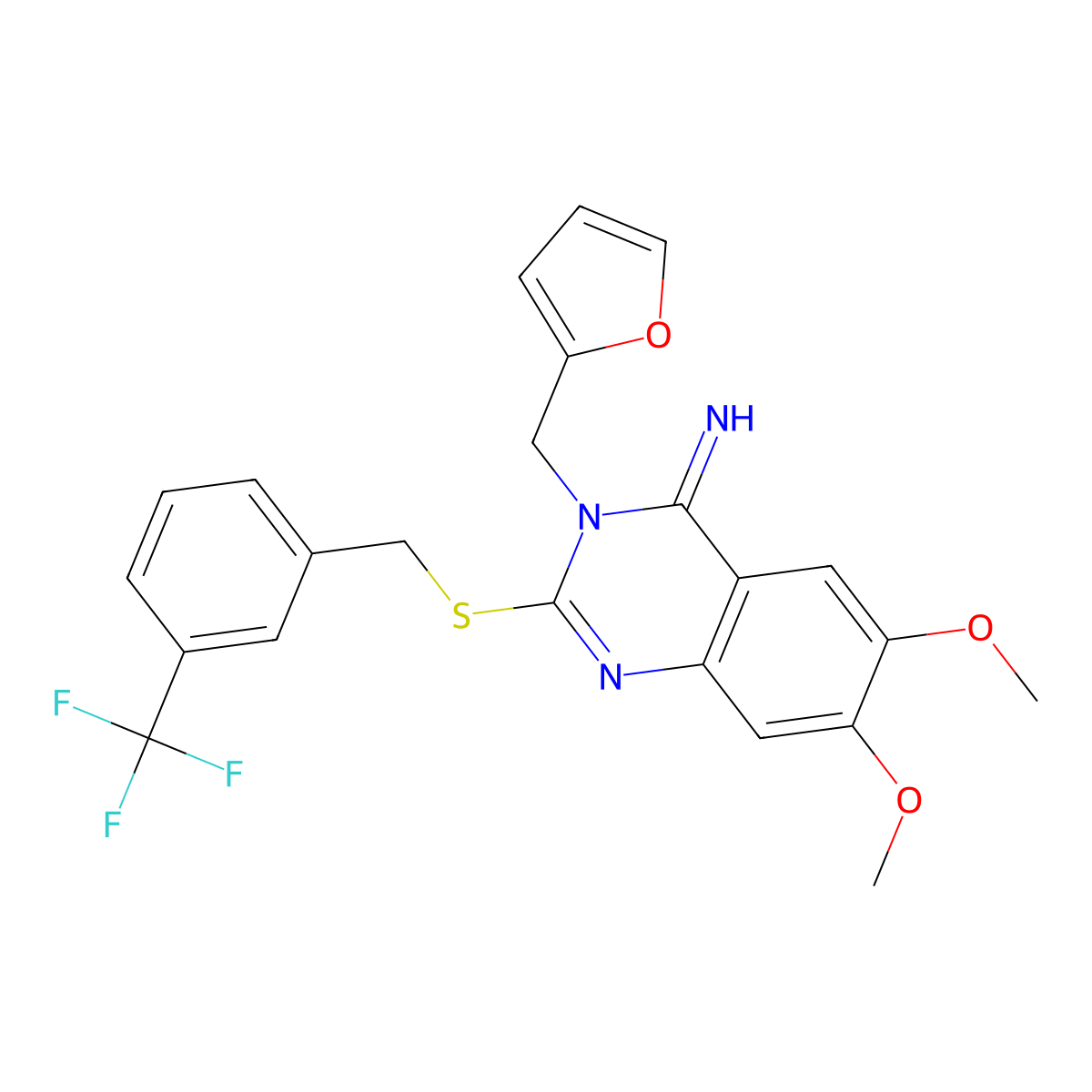 3-(2-furylmethyl)-6,7-dimethoxy-2-{[3-(trifluoromethyl)benzyl]sulfanyl}-4(3H)-quinazolinimine molecular structure, CAS 691858-04-5