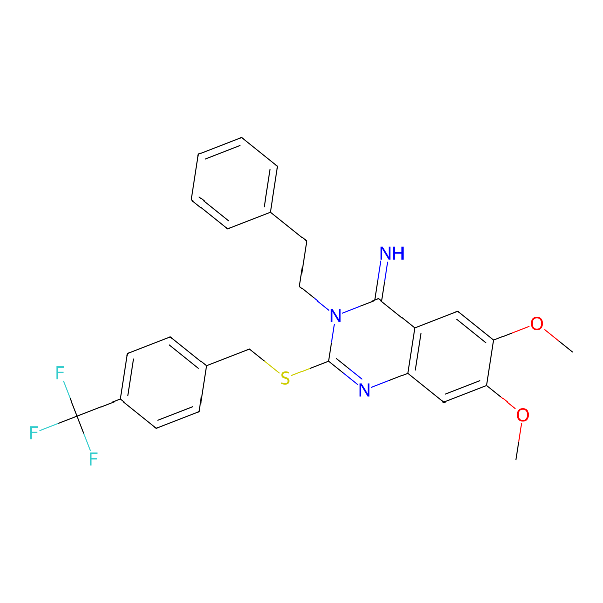 6,7-dimethoxy-3-phenethyl-2-{[4-(trifluoromethyl)benzyl]sulfanyl}-4(3H)-quinazolinimine molecular structure, CAS 691858-06-7
