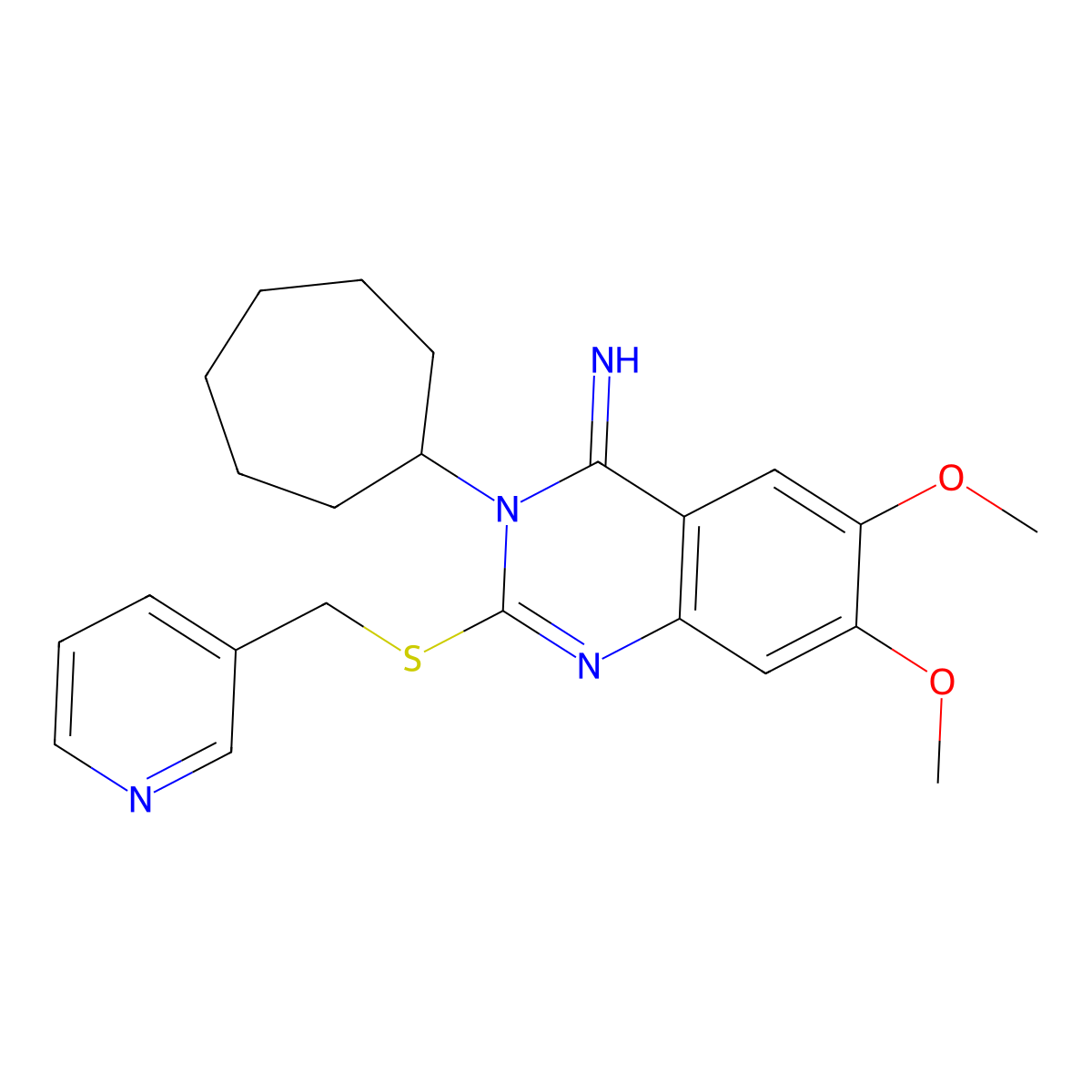 3-Cycloheptyl-6,7-dimethoxy-2-(pyridin-3-ylmethylsulfanyl)quinazolin-4-imine molecular structure, CAS 691858-08-9