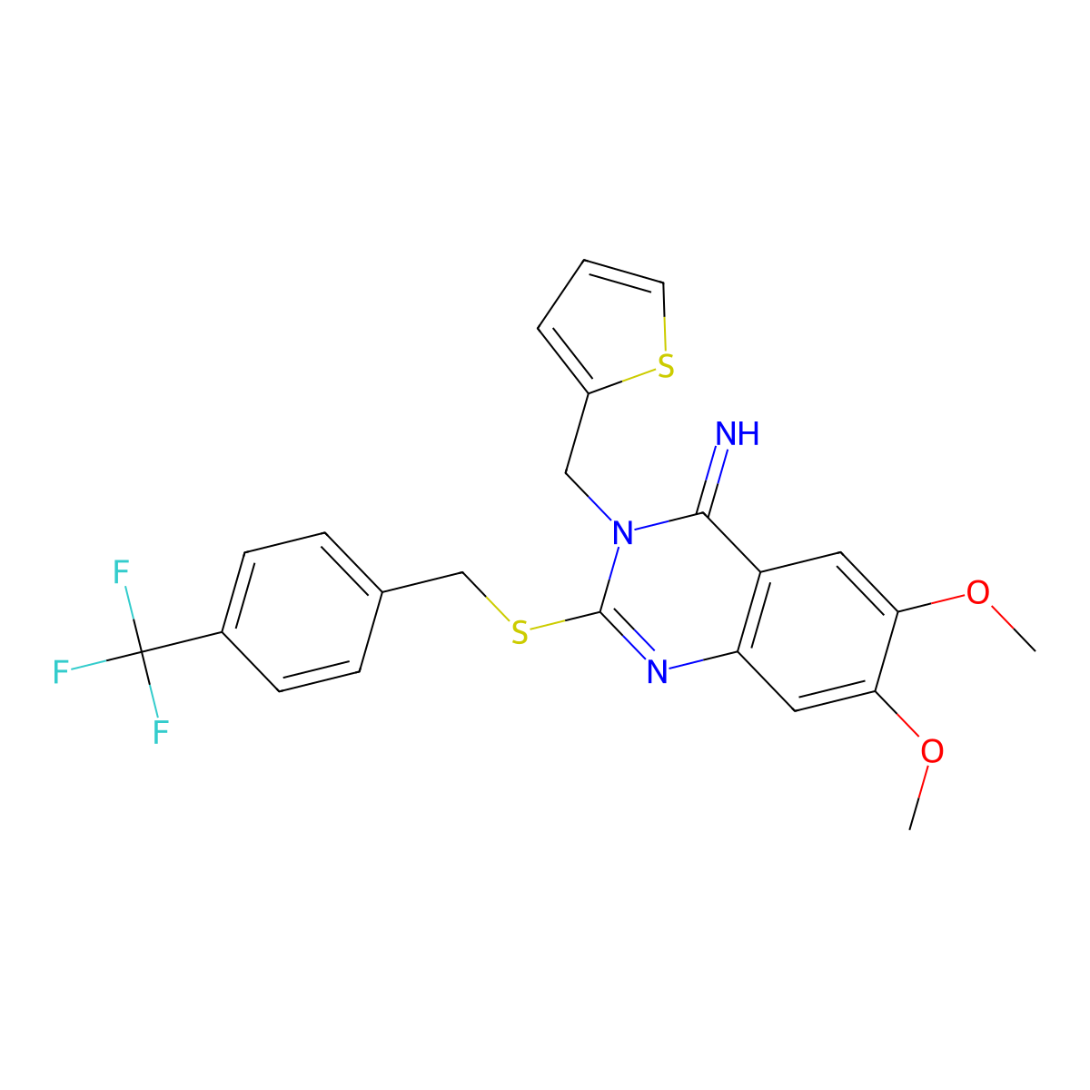 6,7-dimethoxy-3-(2-thienylmethyl)-2-{[4-(trifluoromethyl)benzyl]sulfanyl}-4(3H)-quinazolinimine molecular structure, CAS 691858-13-6