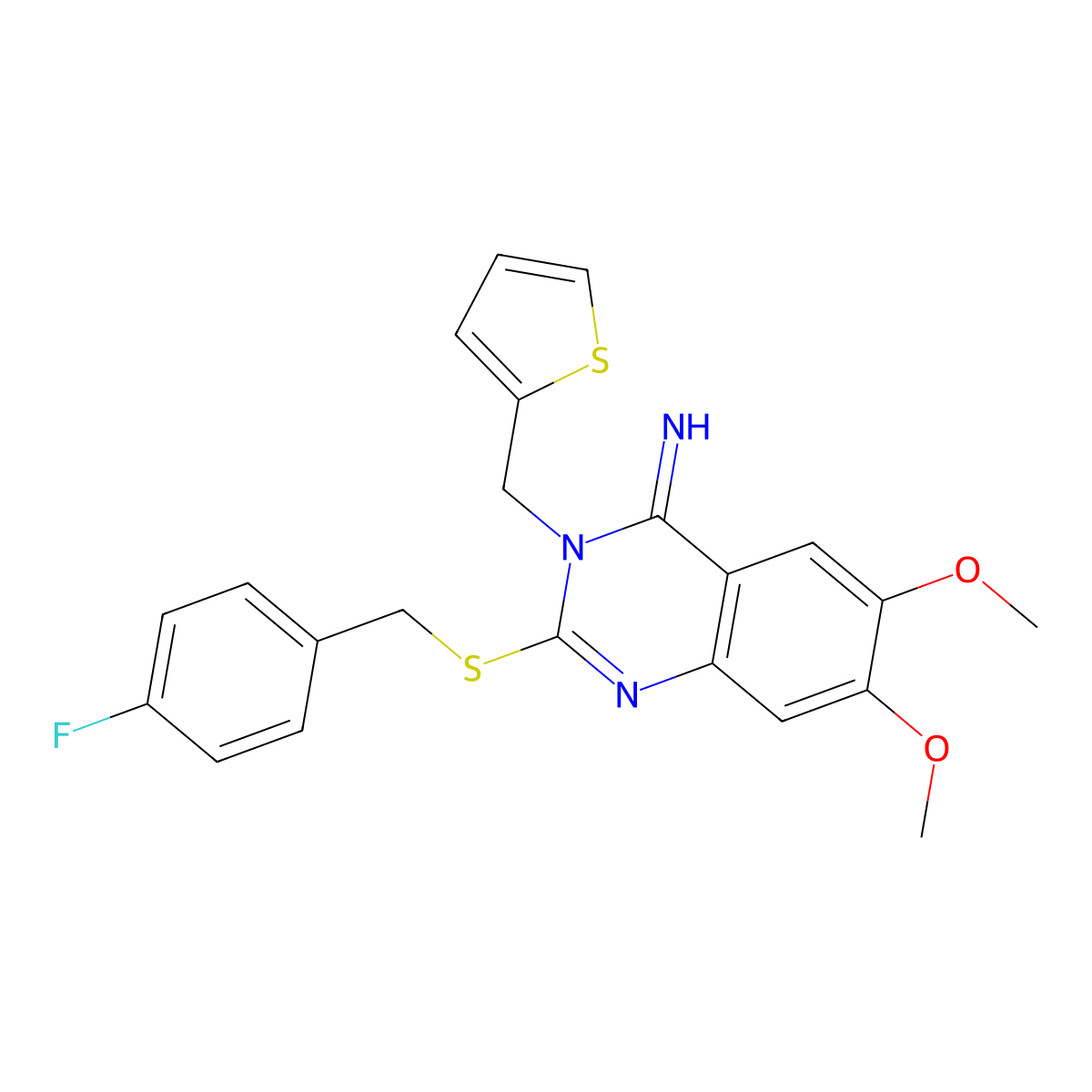 2-[(4-fluorobenzyl)sulfanyl]-6,7-dimethoxy-3-(2-thienylmethyl)-4(3H)-quinazolinimine molecular structure, CAS 691858-15-8