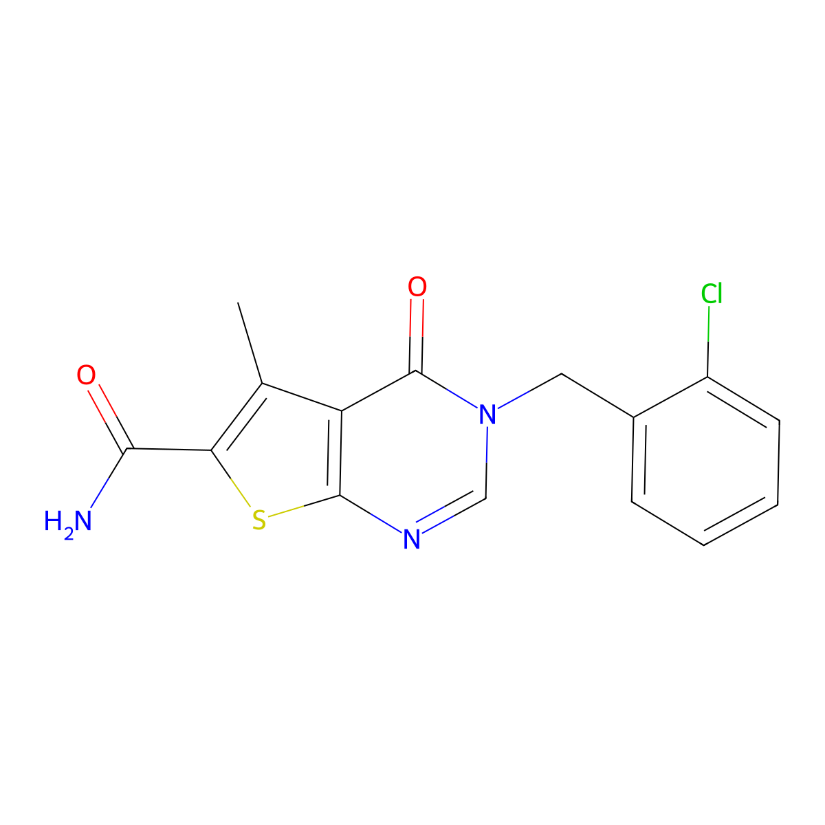 3-[(2-Chlorophenyl)methyl]-5-methyl-4-oxothieno[2,3-d]pyrimidine-6-carboxamide molecular structure, CAS 691862-38-1