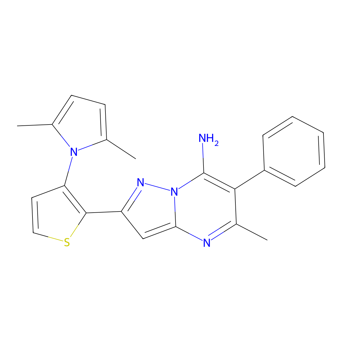 2-[3-(2,5-dimethyl-1H-pyrrol-1-yl)-2-thienyl]-5-methyl-6-phenylpyrazolo[1,5-a]pyrimidin-7-amine molecular structure, CAS 691868-53-8
