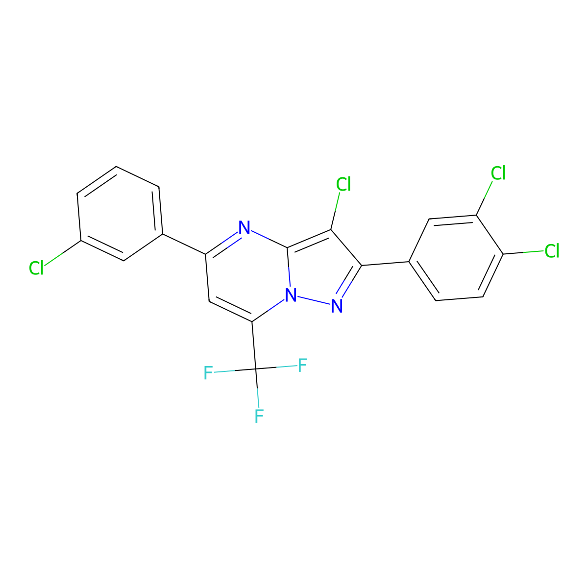 3-Chloro-5-(3-chlorophenyl)-2-(3,4-dichlorophenyl)-7-(trifluoromethyl)pyrazolo[1,5-a]pyrimidine molecular structure, CAS 691868-55-0