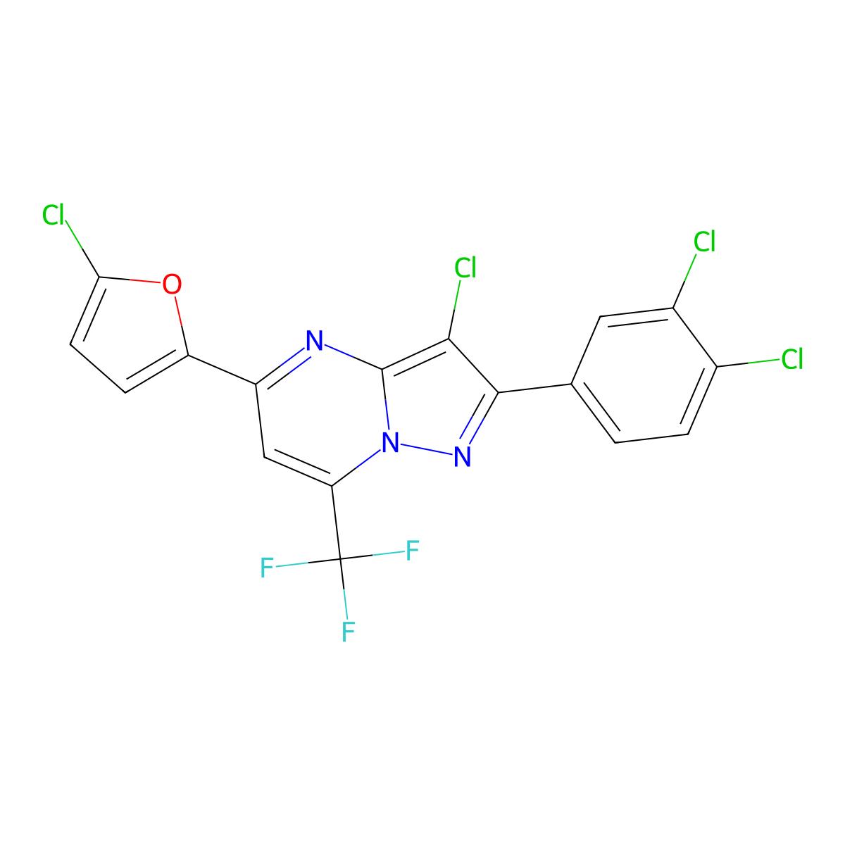 3-Chloro-5-(5-chlorofuran-2-yl)-2-(3,4-dichlorophenyl)-7-(trifluoromethyl)pyrazolo[1,5-a]pyrimidine molecular structure, CAS 691868-56-1