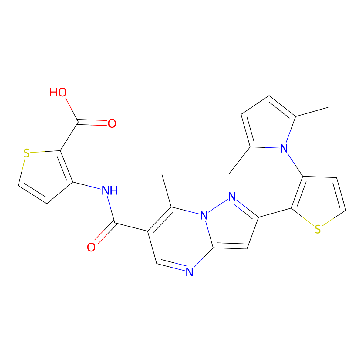 3-[((2-[3-(2,5-Dimethyl-1H-pyrrol-1-YL)-2-thienyl]-7-methylpyrazolo[1,5-A]pyrimidin-6-YL)carbonyl)amino]-2-thiophenecarboxylic acid molecular structure, CAS 691868-65-2