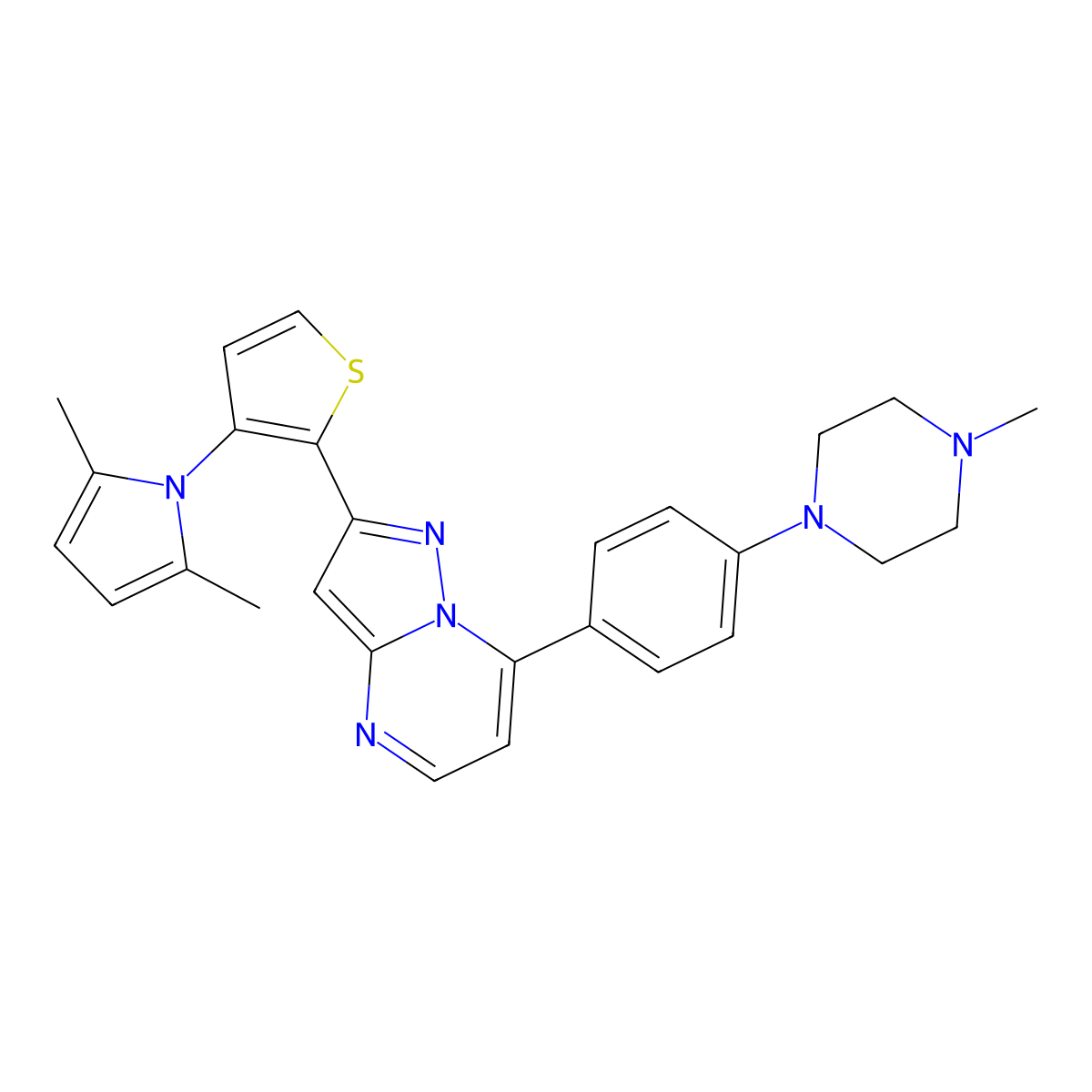 2-[3-(2,5-dimethyl-1H-pyrrol-1-yl)-2-thienyl]-7-[4-(4-methylpiperazino)phenyl]pyrazolo[1,5-a]pyrimidine molecular structure, CAS 691868-66-3