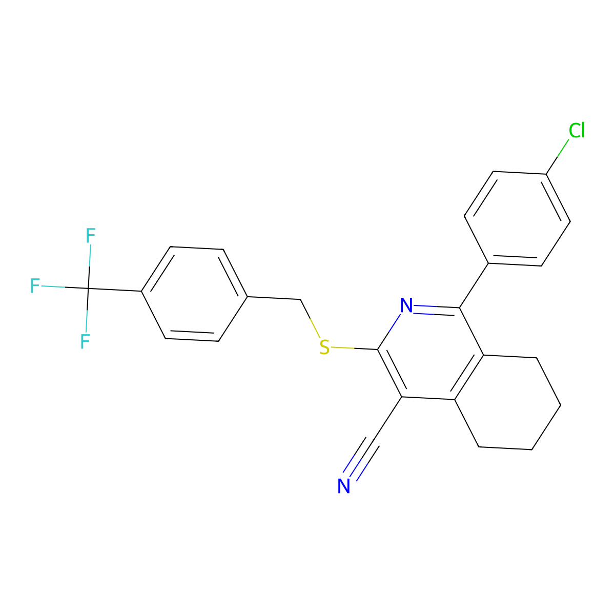 1-(4-Chlorophenyl)-3-[[4-(trifluoromethyl)phenyl]methylsulfanyl]-5,6,7,8-tetrahydroisoquinoline-4-carbonitrile molecular structure, CAS 691868-89-0