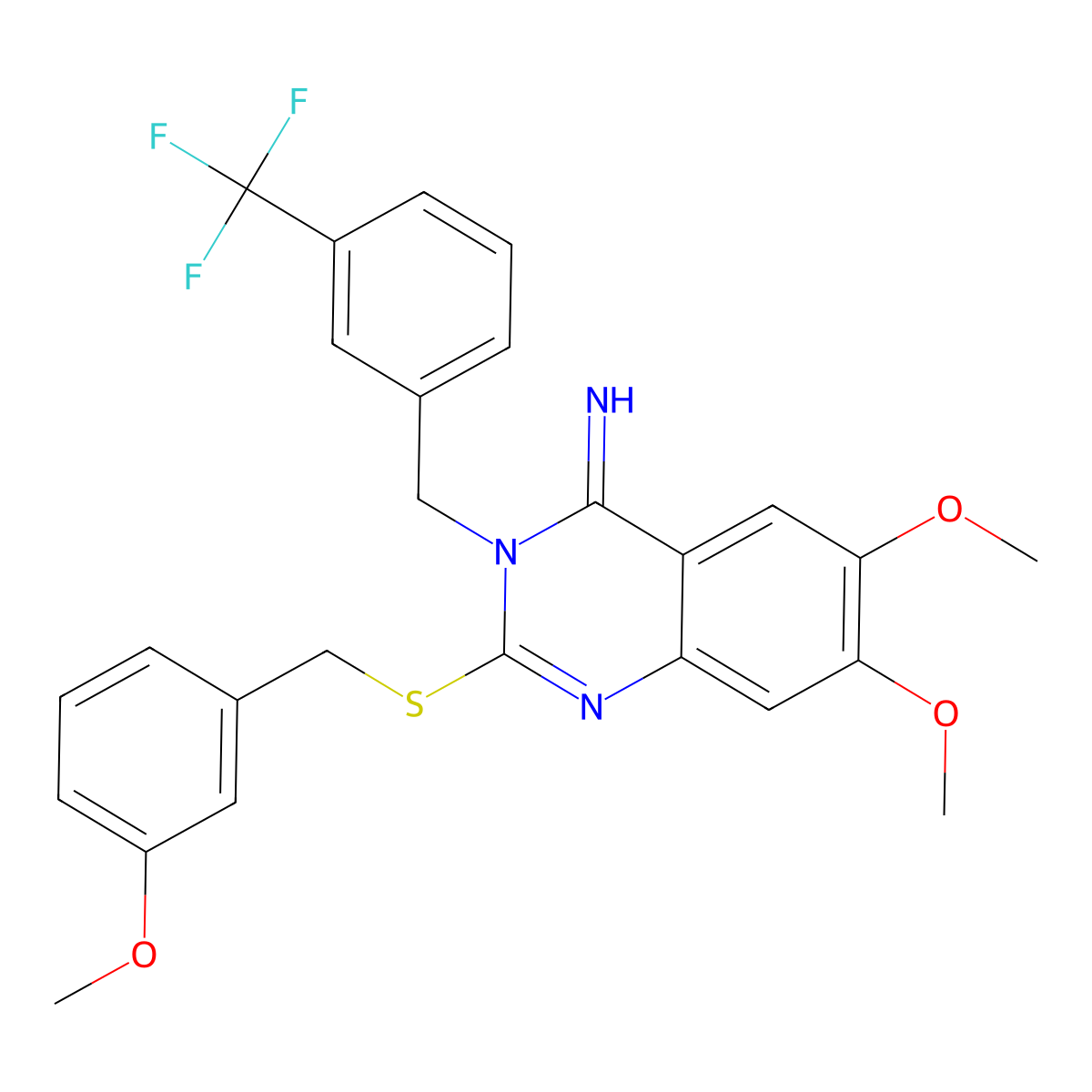 6,7-dimethoxy-2-[(3-methoxybenzyl)sulfanyl]-3-[3-(trifluoromethyl)benzyl]-4(3H)-quinazolinimine molecular structure, CAS 691868-92-5