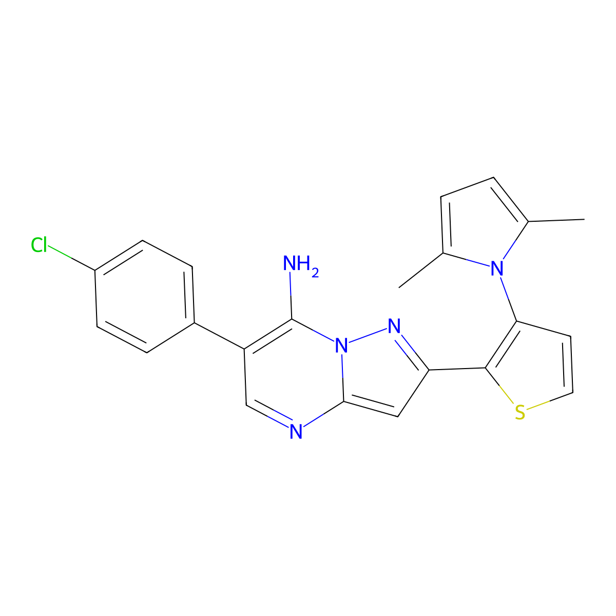 6-(4-Chlorophenyl)-2-[3-(2,5-dimethylpyrrol-1-yl)thiophen-2-yl]pyrazolo[1,5-a]pyrimidin-7-amine molecular structure, CAS 691869-95-1