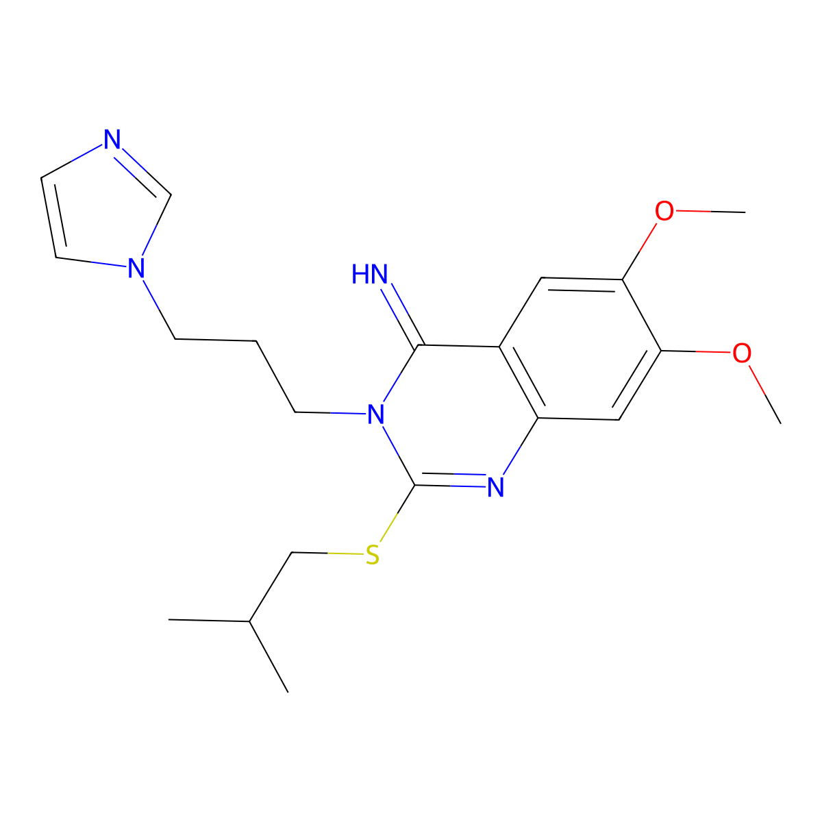 3-(3-Imidazol-1-ylpropyl)-6,7-dimethoxy-2-(2-methylpropylsulfanyl)quinazolin-4-imine molecular structure, CAS 691870-01-6