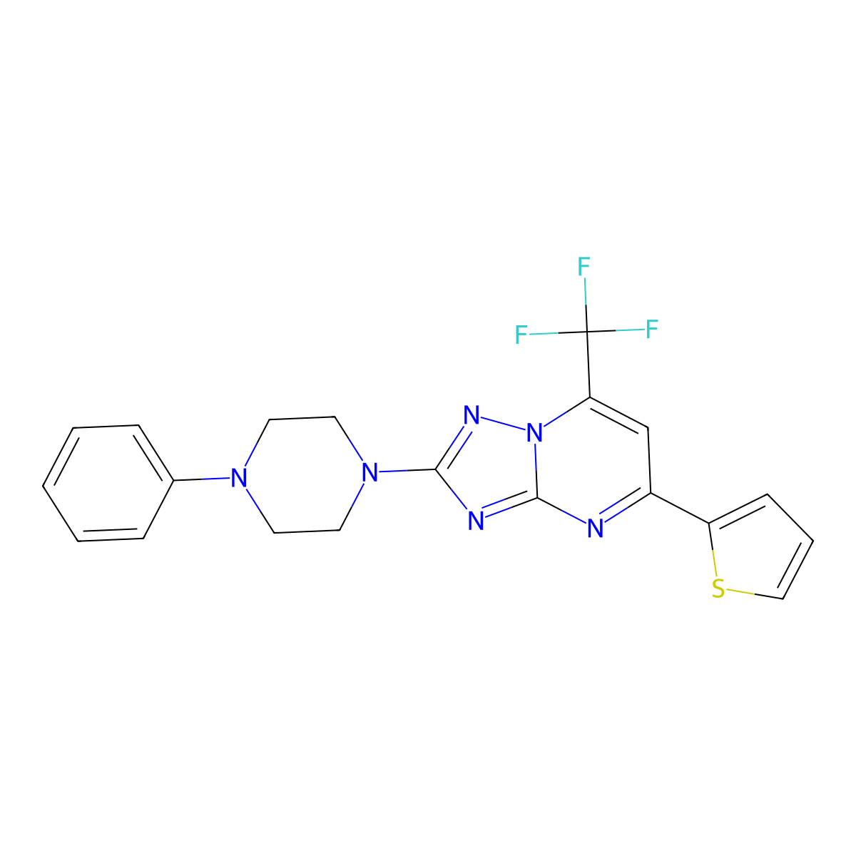 2-(4-Phenylpiperazino)-5-(2-thienyl)-7-(trifluoromethyl)[1,2,4]triazolo[1,5-a]pyrimidine molecular structure, CAS 691873-00-4