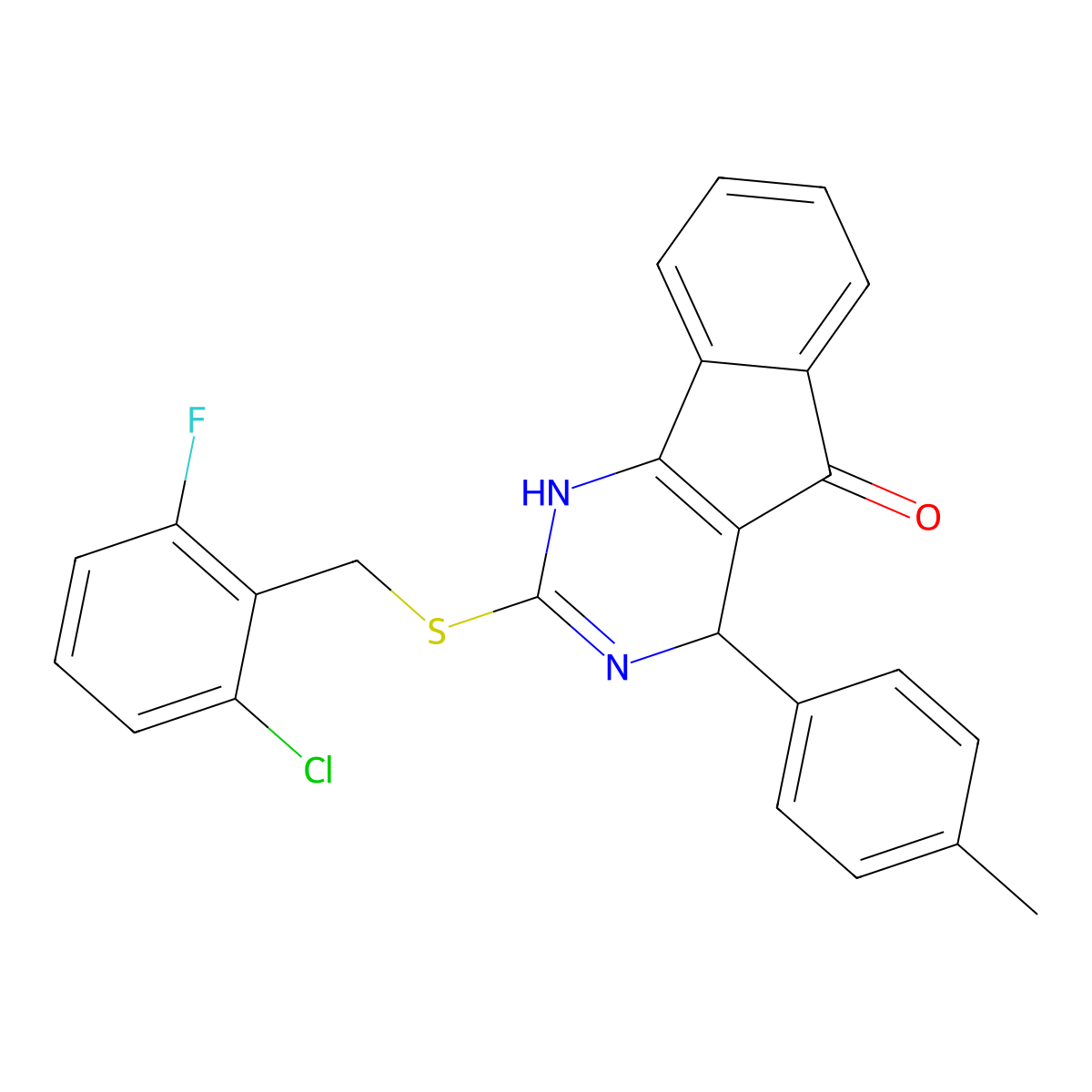 2-[(2-chloro-6-fluorobenzyl)sulfanyl]-4-(4-methylphenyl)-1,4-dihydro-5H-indeno[1,2-d]pyrimidin-5-one molecular structure, CAS 691873-09-3