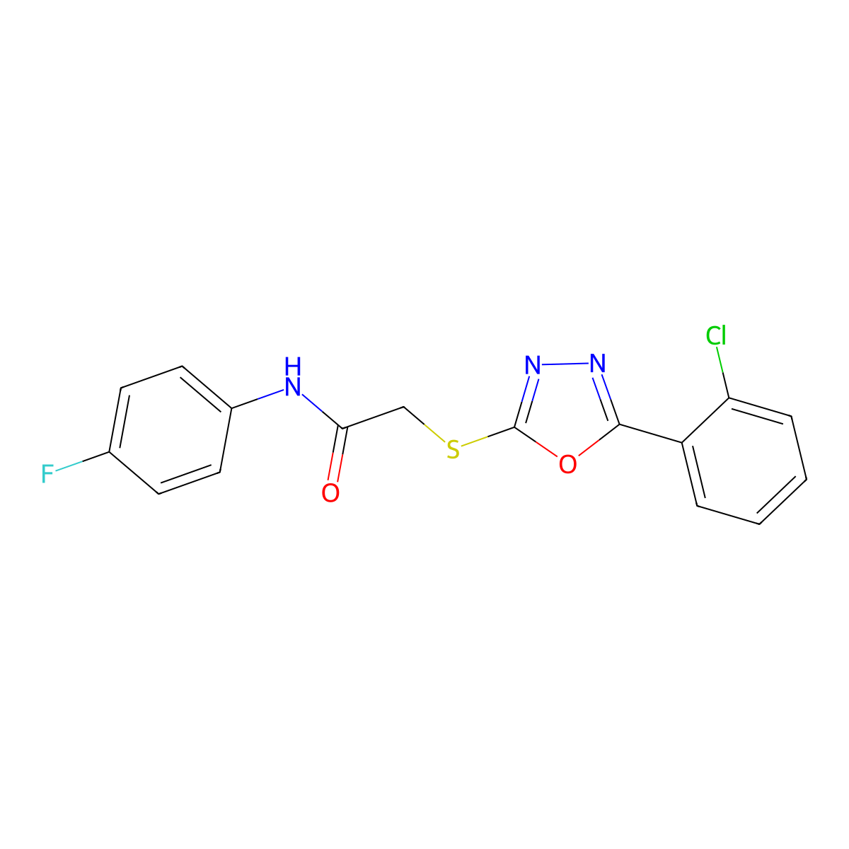 2-[[5-(2-chlorophenyl)-1,3,4-oxadiazol-2-yl]sulfanyl]-N-(4-fluorophenyl)acetamide molecular structure, CAS 692260-67-6
