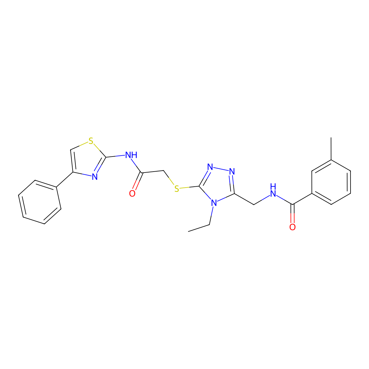 N-[[4-ethyl-5-[2-oxo-2-[(4-phenyl-1,3-thiazol-2-yl)amino]ethyl]sulfanyl-1,2,4-triazol-3-yl]methyl]-3-methylbenzamide molecular structure, CAS 692260-76-7