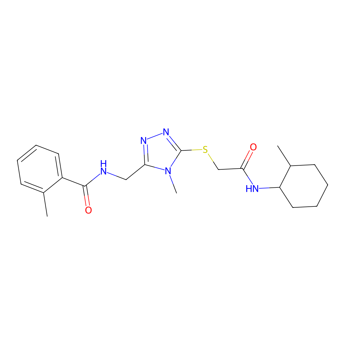 2-methyl-N-{[4-methyl-5-({2-[(2-methylcyclohexyl)amino]-2-oxoethyl}sulfanyl)-4H-1,2,4-triazol-3-yl]methyl}benzamide molecular structure, CAS 692260-89-2