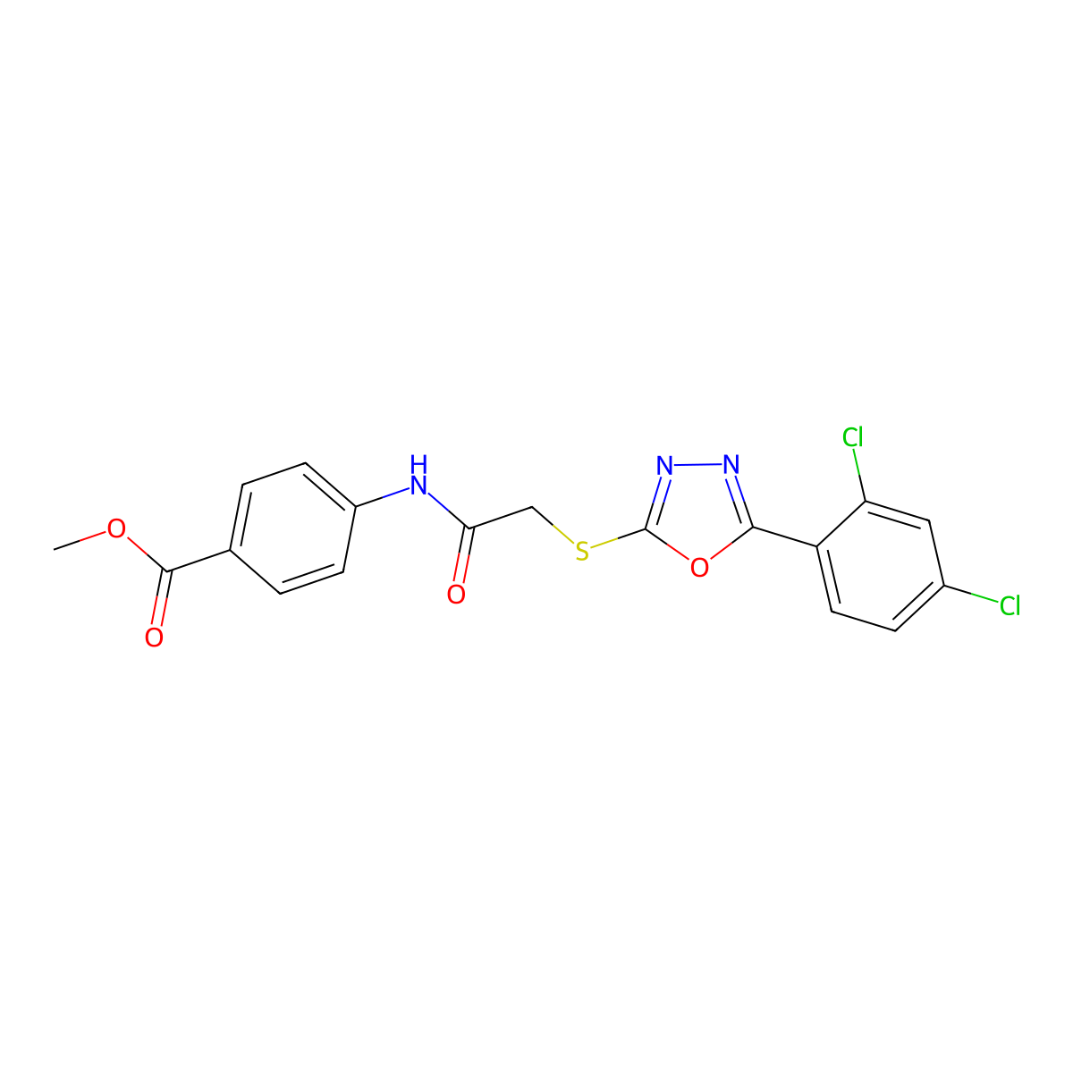 Methyl 4-[({[5-(2,4-dichlorophenyl)-1,3,4-oxadiazol-2-yl]sulfanyl}acetyl)amino]benzoate molecular structure, CAS 692261-59-9