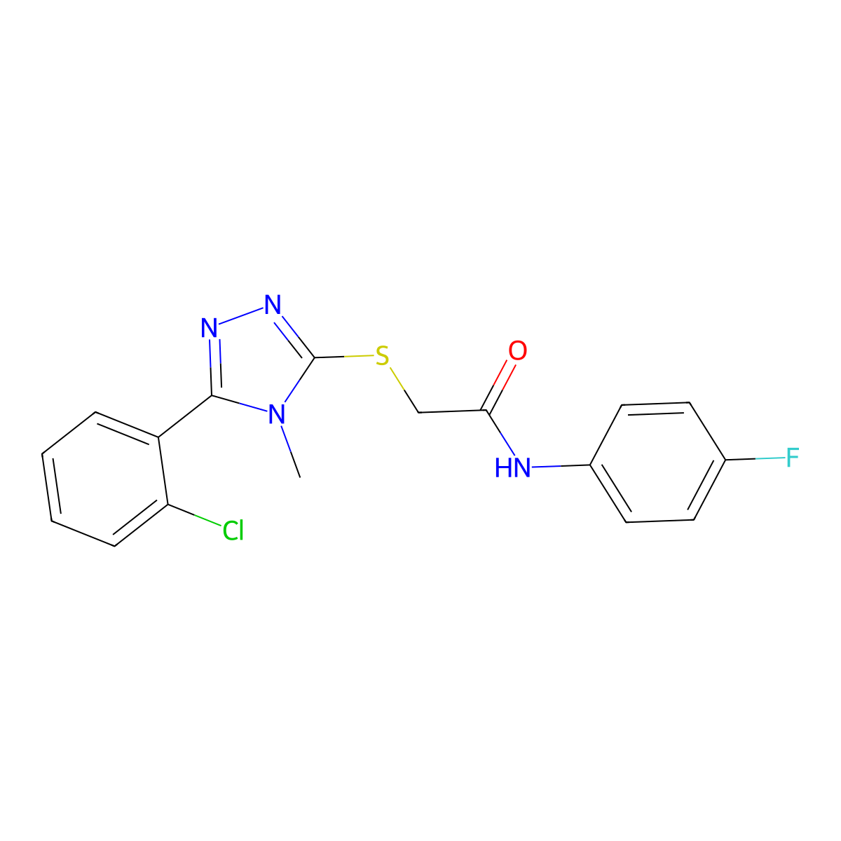 2-[[5-(2-chlorophenyl)-4-methyl-1,2,4-triazol-3-yl]sulfanyl]-N-(4-fluorophenyl)acetamide molecular structure, CAS 692261-74-8